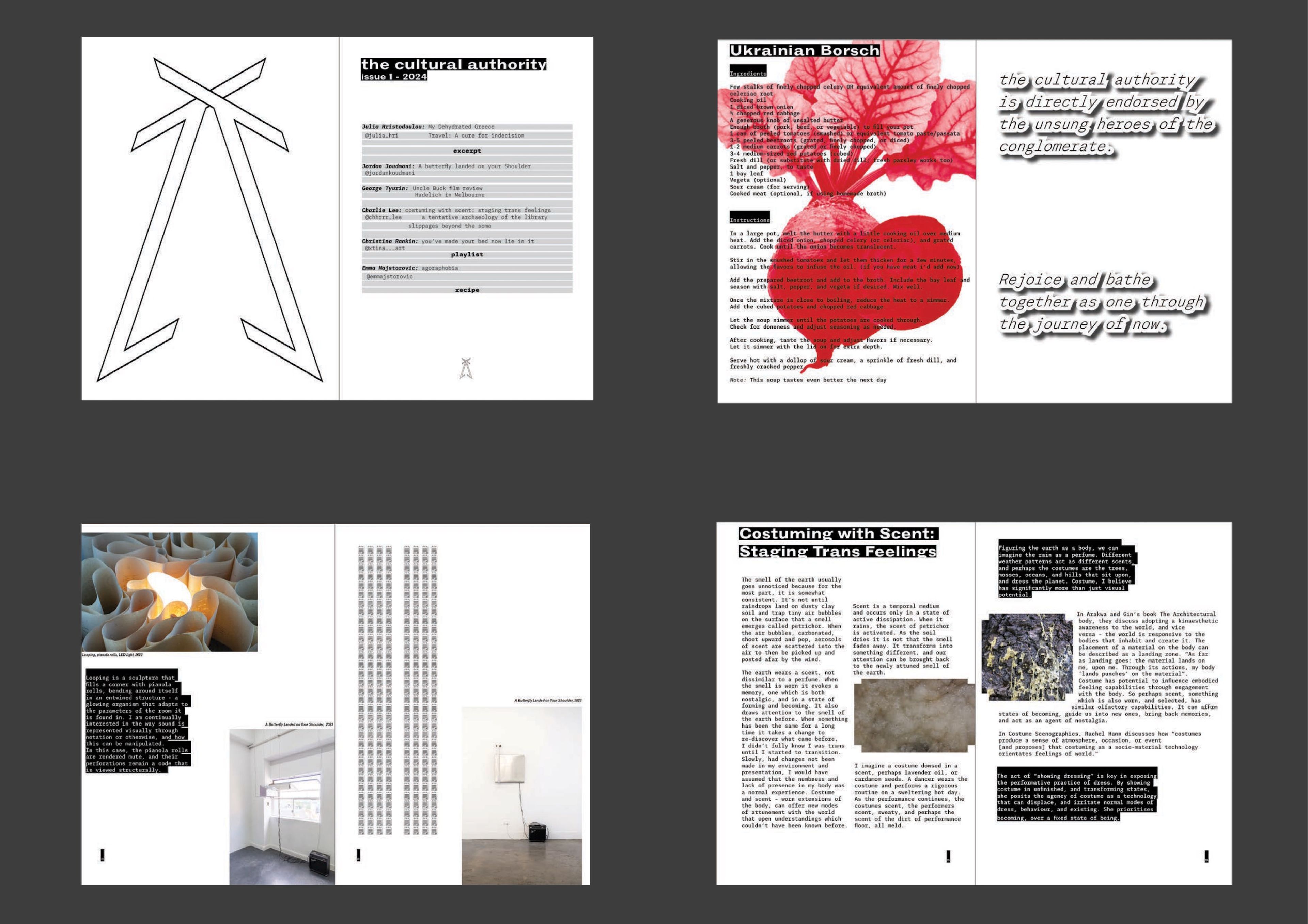 Four-page spread from 'The Cultural Authority' magazine, Issue 1, 2024. Left pages feature a minimalist geometric line drawing and contents list. Right pages showcase a recipe for Ukrainian Borsch with a striking red botanical illustration and overlaid text discussing cultural endorsement.