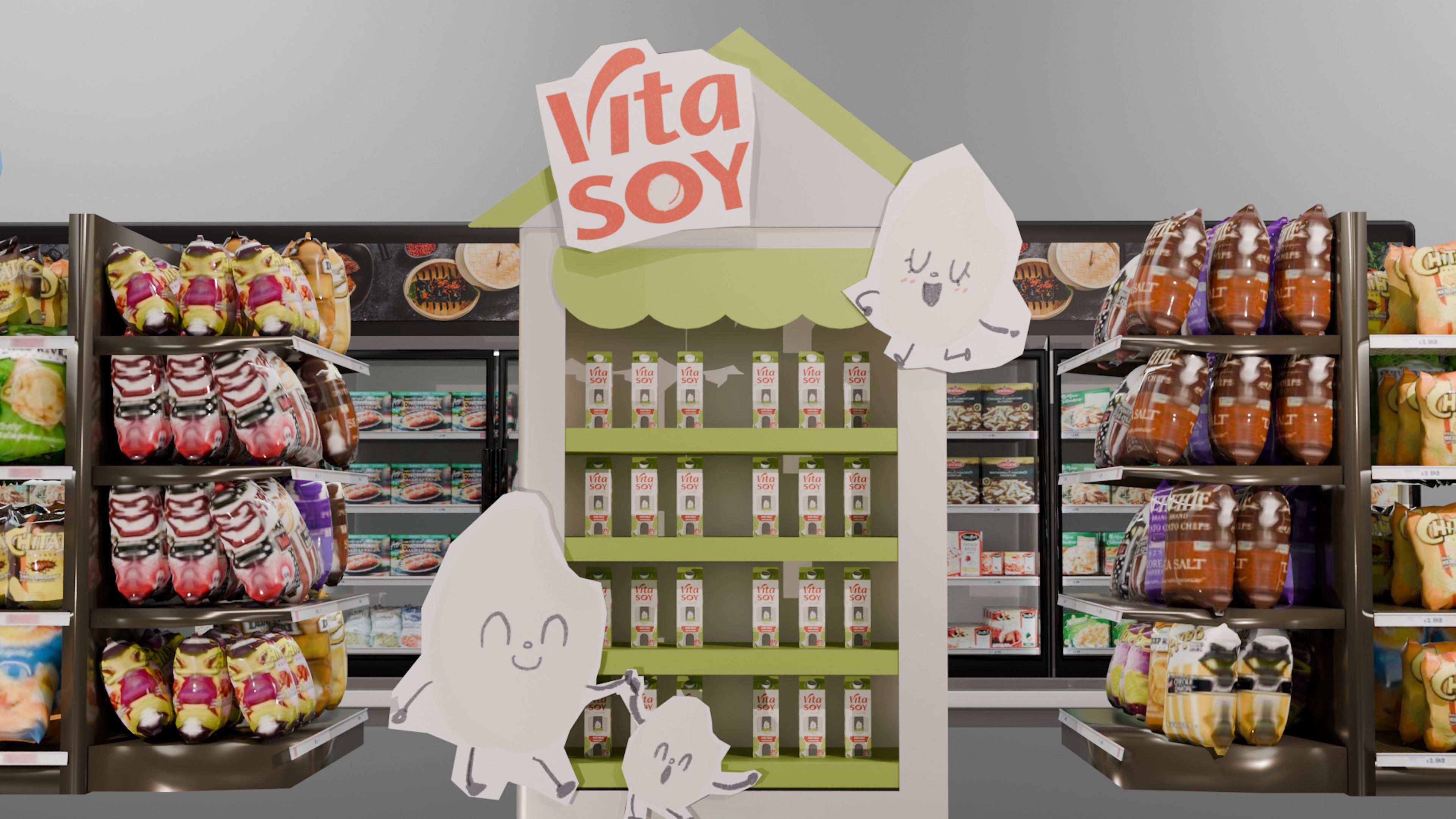 Retail display concept for 'Vita Soy' featuring a house-shaped unit with lime green shelving. White cartoon ghost characters animate the display, complementing the coral-coloured brand logo. Set within a supermarket context with surrounding product shelves