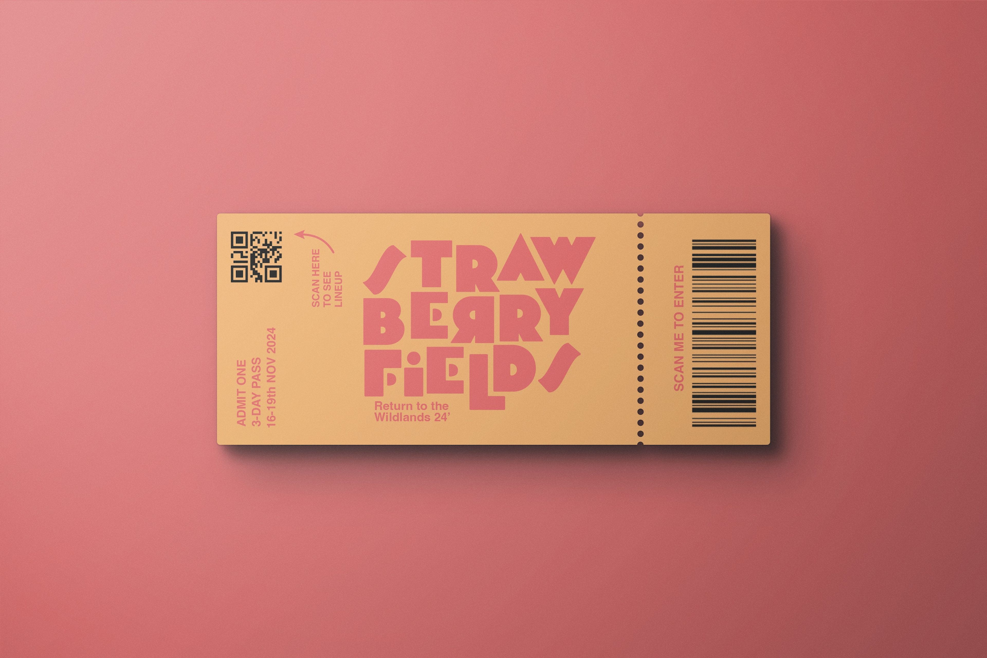 A vibrant event ticket for "Strawberry Fields" festival, displayed on a pink background. The ticket is a warm, peach colour, with bold, retro-style typography in pink, including a QR code on the left for lineup information and a barcode on the right for entry.