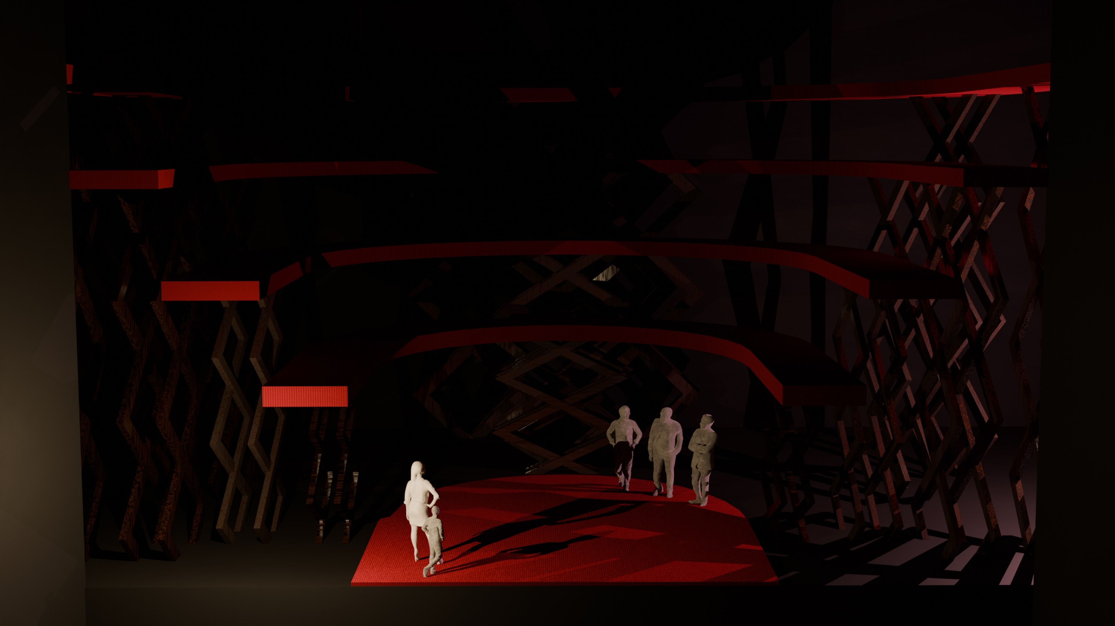 Darkened stage model showing the set design in mid-transition, with red platforms elevated by visible scissor lift lattice structures and four white figures positioned on the stage.