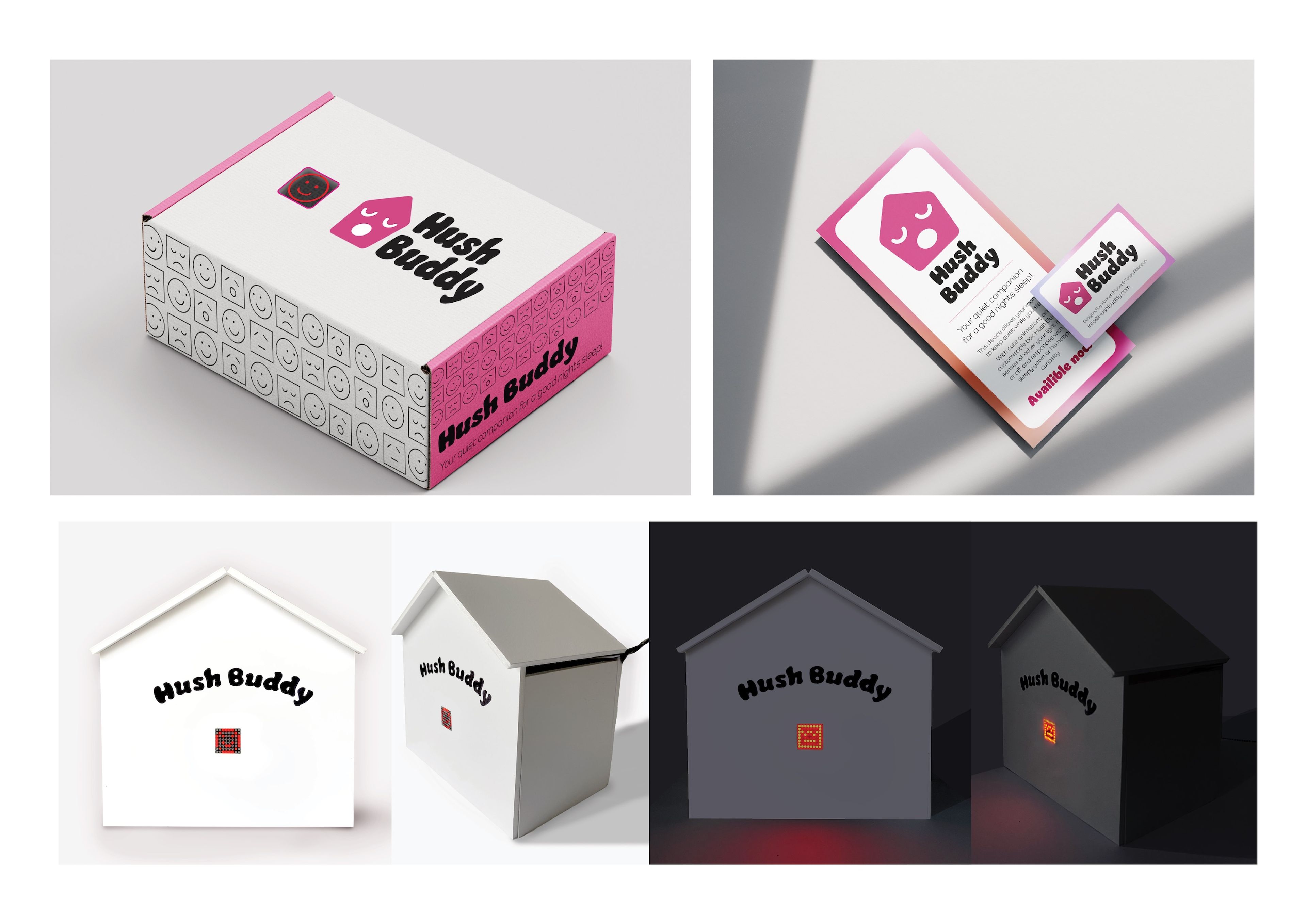 'Hush Buddy' branding suite featuring minimalist house-shaped packaging with LED indicator and pattern-based box design. Pink and white colour scheme with playful pentagon mascot logo.