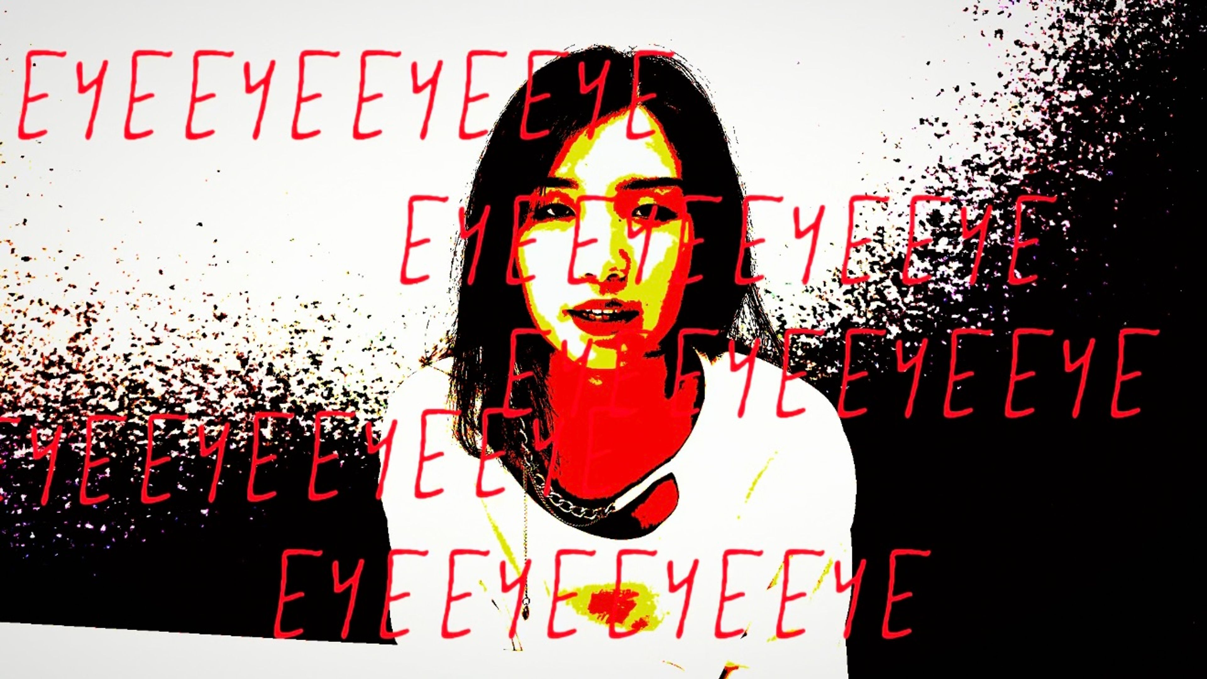 A stylised portrait of a woman against a black and white gradient background, with the word "EYE" repeatedly layered in red typography across her face. The image has a surreal, high-contrast aesthetic.