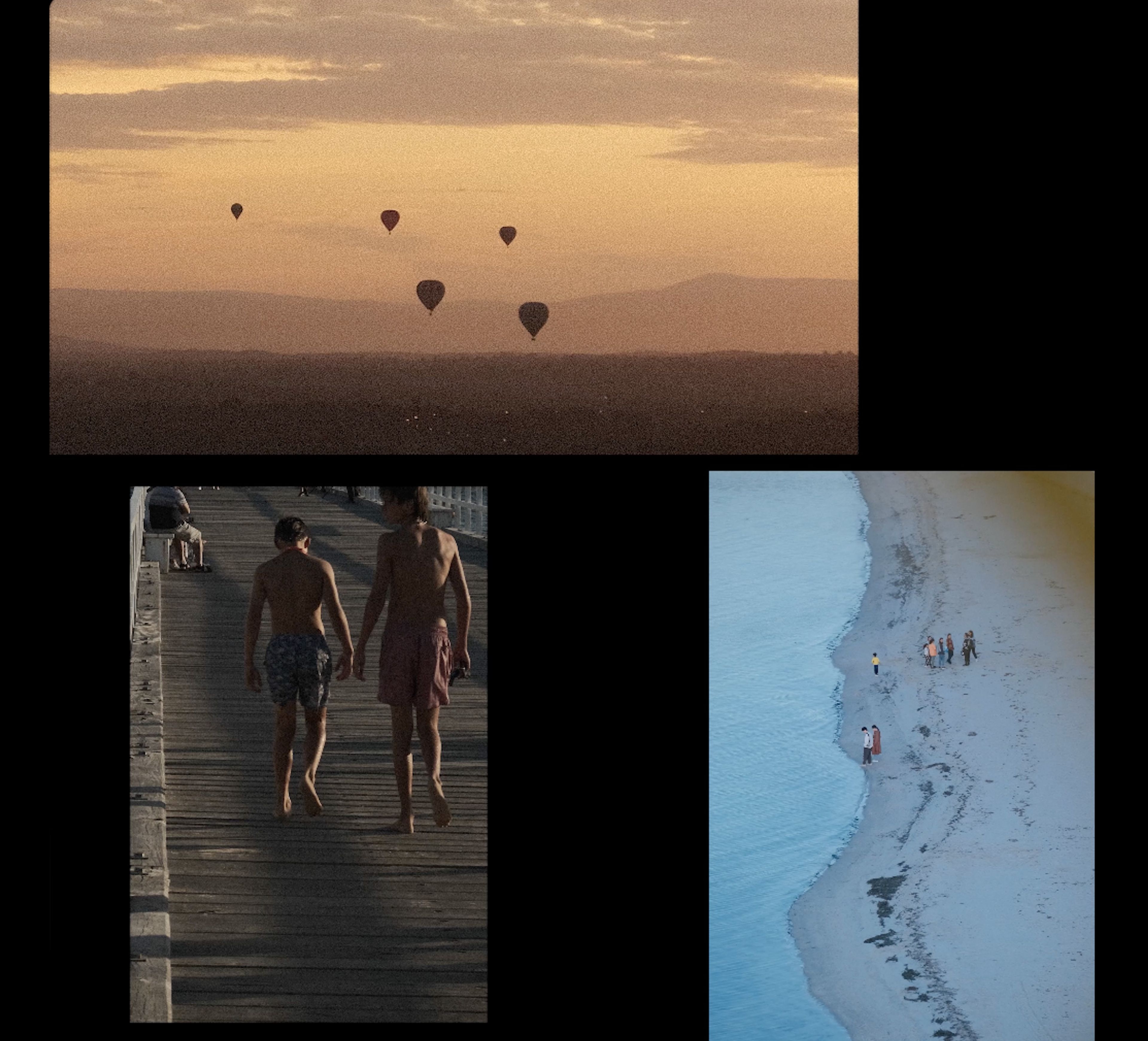 Collage of three photos: hot air balloons at sunrise, two people walking barefoot on a pier, and a beach scene with individuals standing at the water's edge.