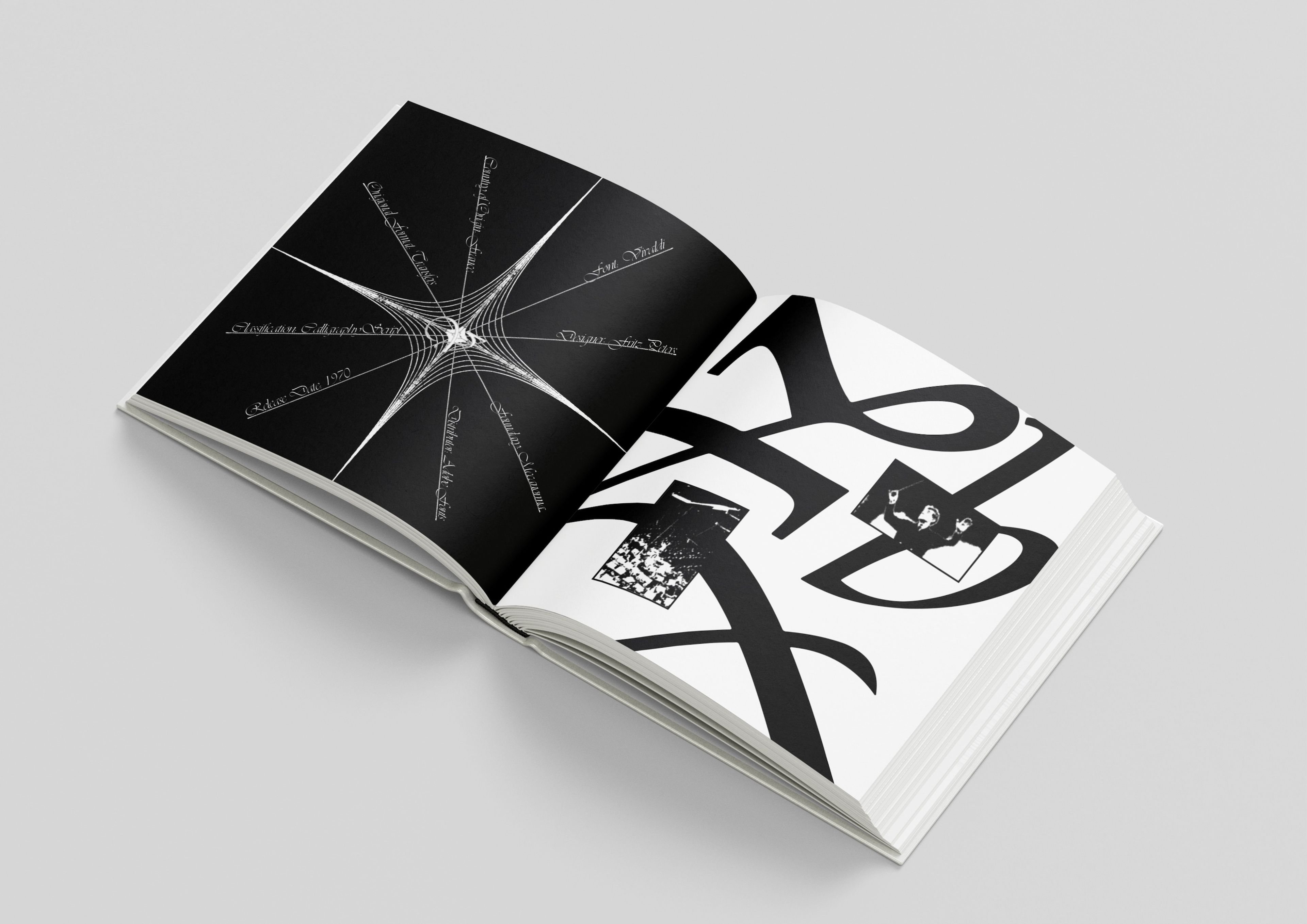 An open book spread with black and white designs. The left page shows a spider web with handwritten text radiating from the center. The right page features bold, abstract black text shapes with small images scattered throughout.