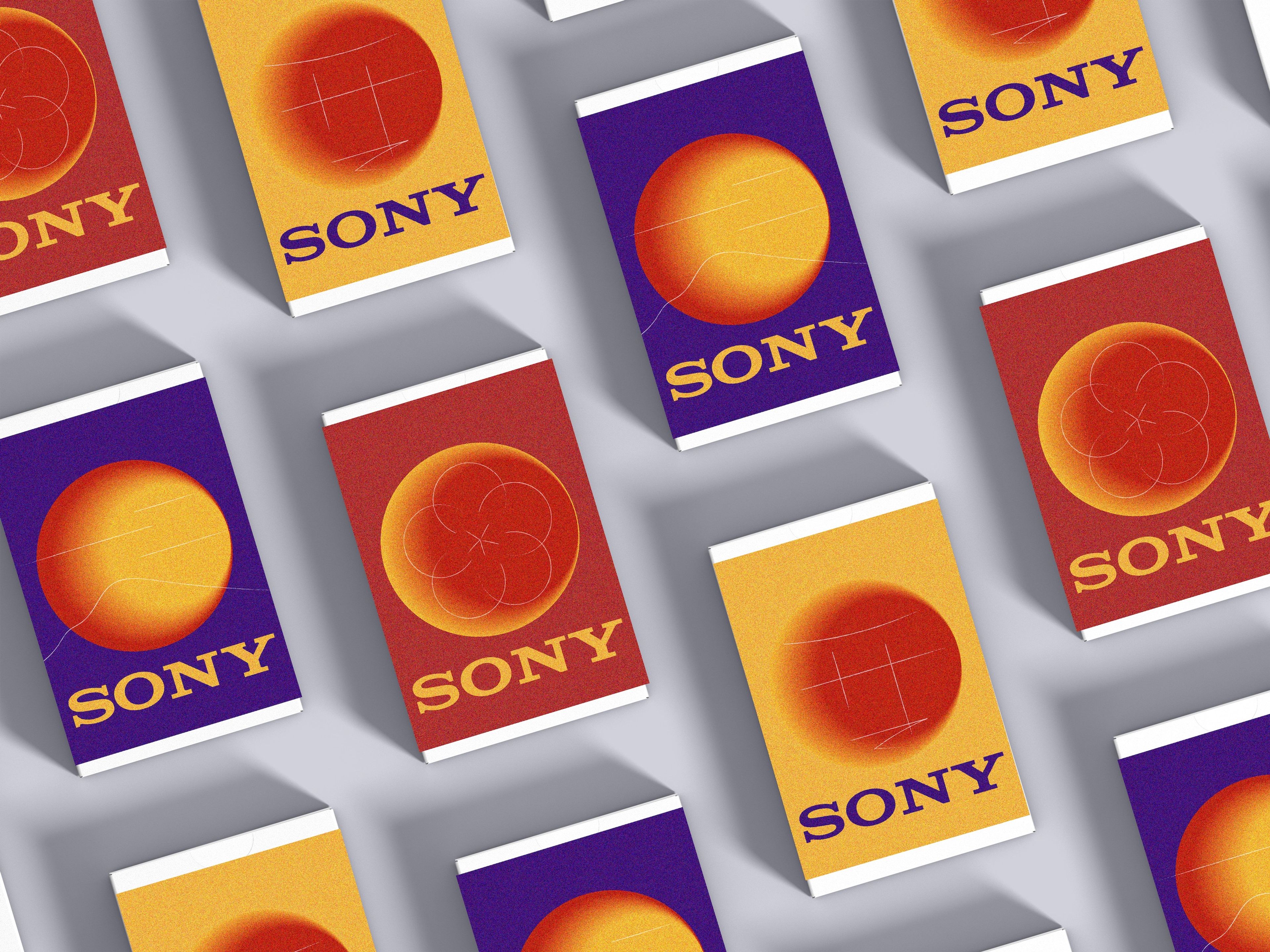 Mockup of Sony product packaging featuring abstract, gradient designs in warm orange and purple hues. The Sony logo is prominently displayed in contrasting colors, giving a modern, eye-catching aesthetic.