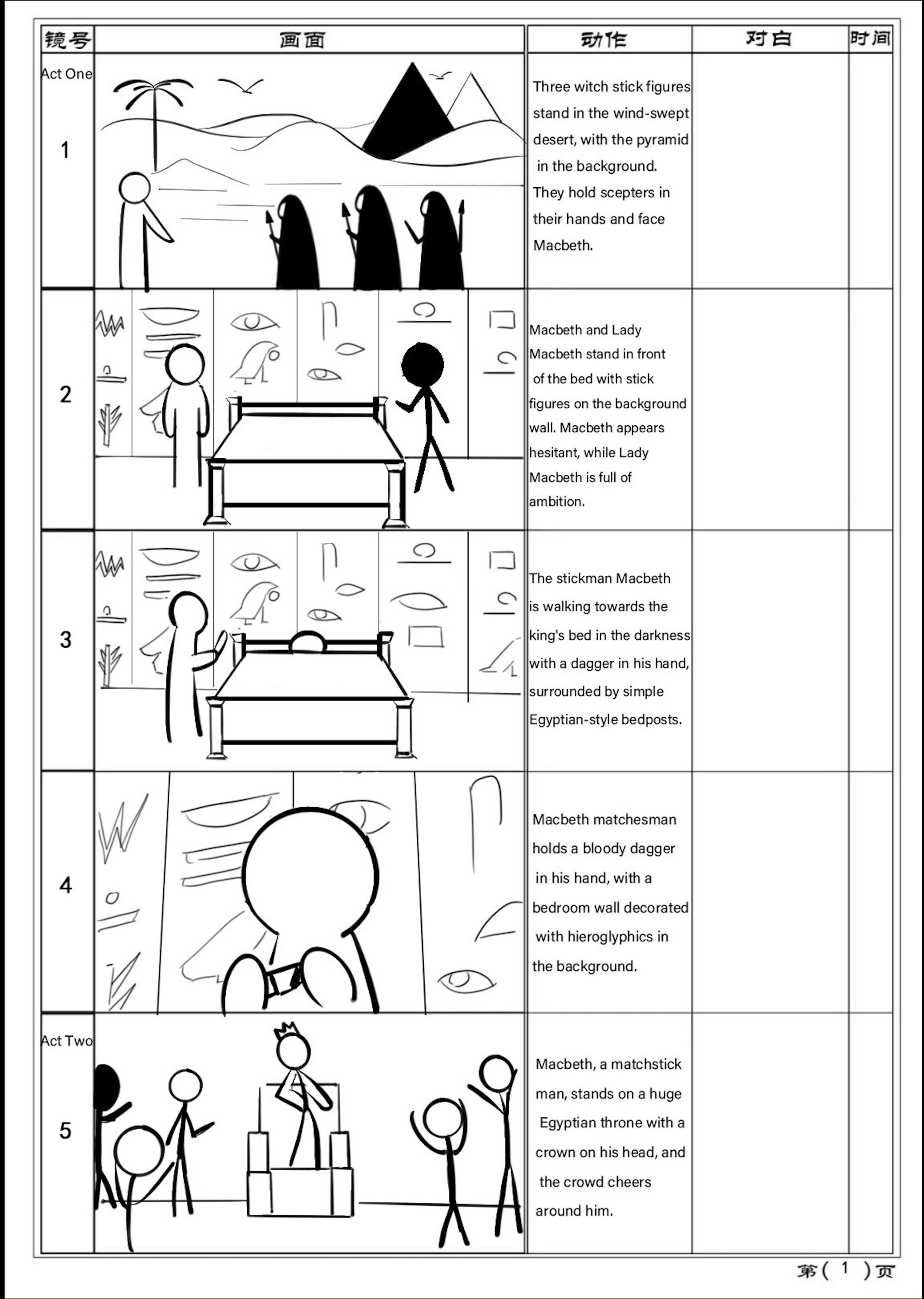 Storyboard of a Macbeth adaptation showing five scenes in black and white, featuring stick figures in an Egyptian setting with pyramids and hieroglyphics