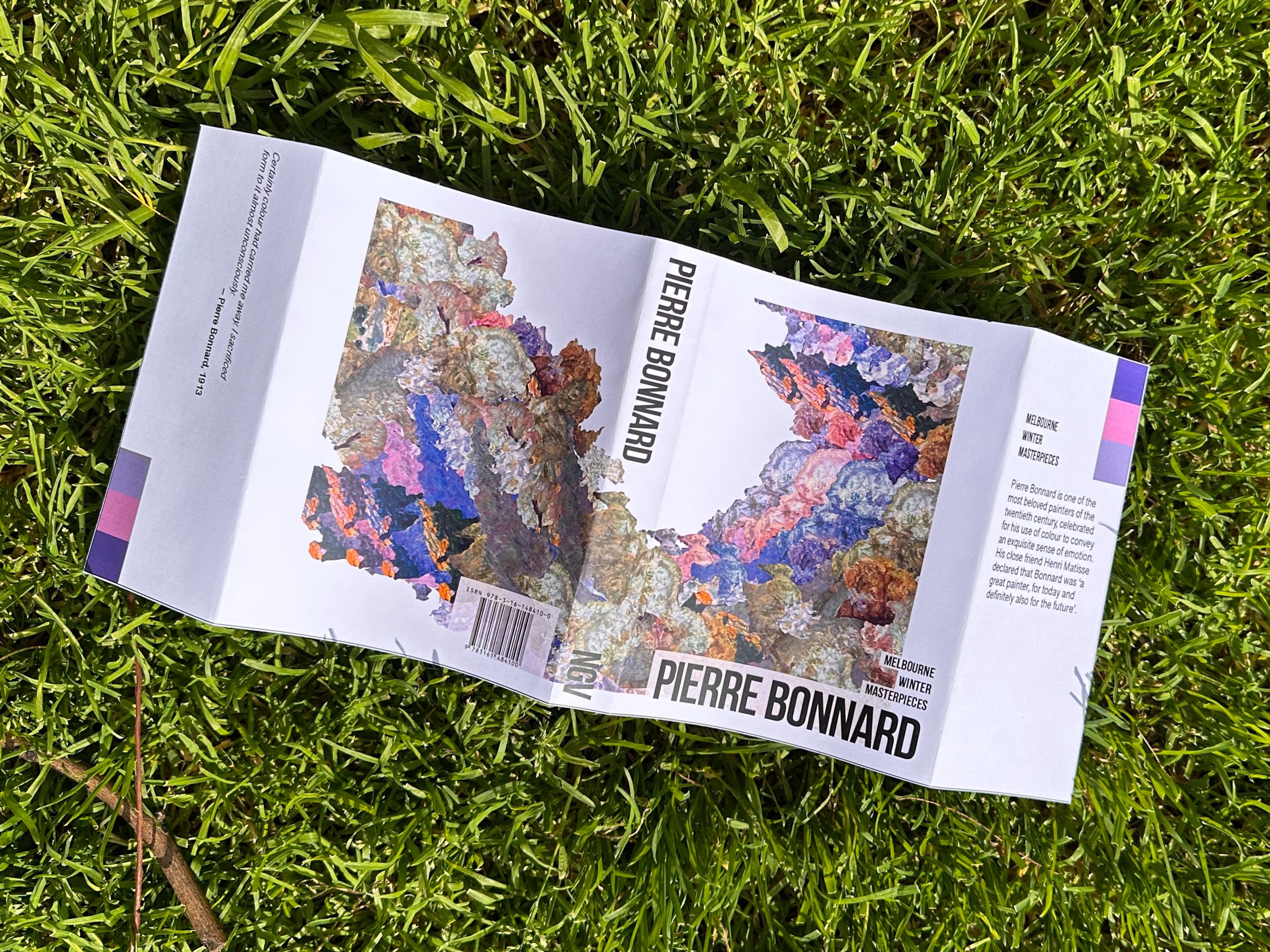 Exhibition catalogue for Pierre Bonnard displayed on grass, showing abstract colour compositions against white pages. Modern layout combines artwork reproductions with clean typography.