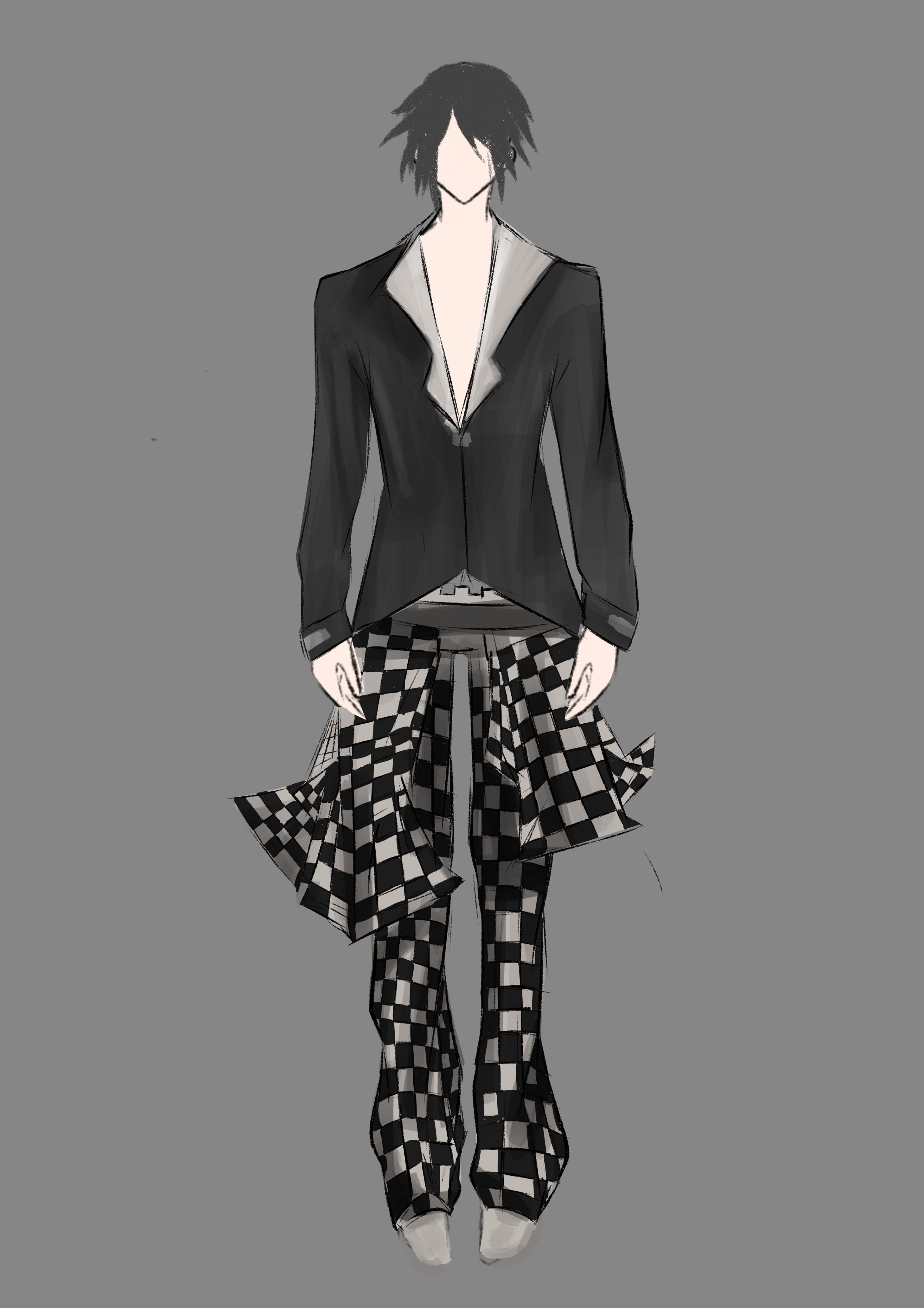 A bold costume design featuring a fitted black jacket with a deep V neckline, paired with dramatic checkered pants and angular layered details, emphasizing contrast and dynamic movement