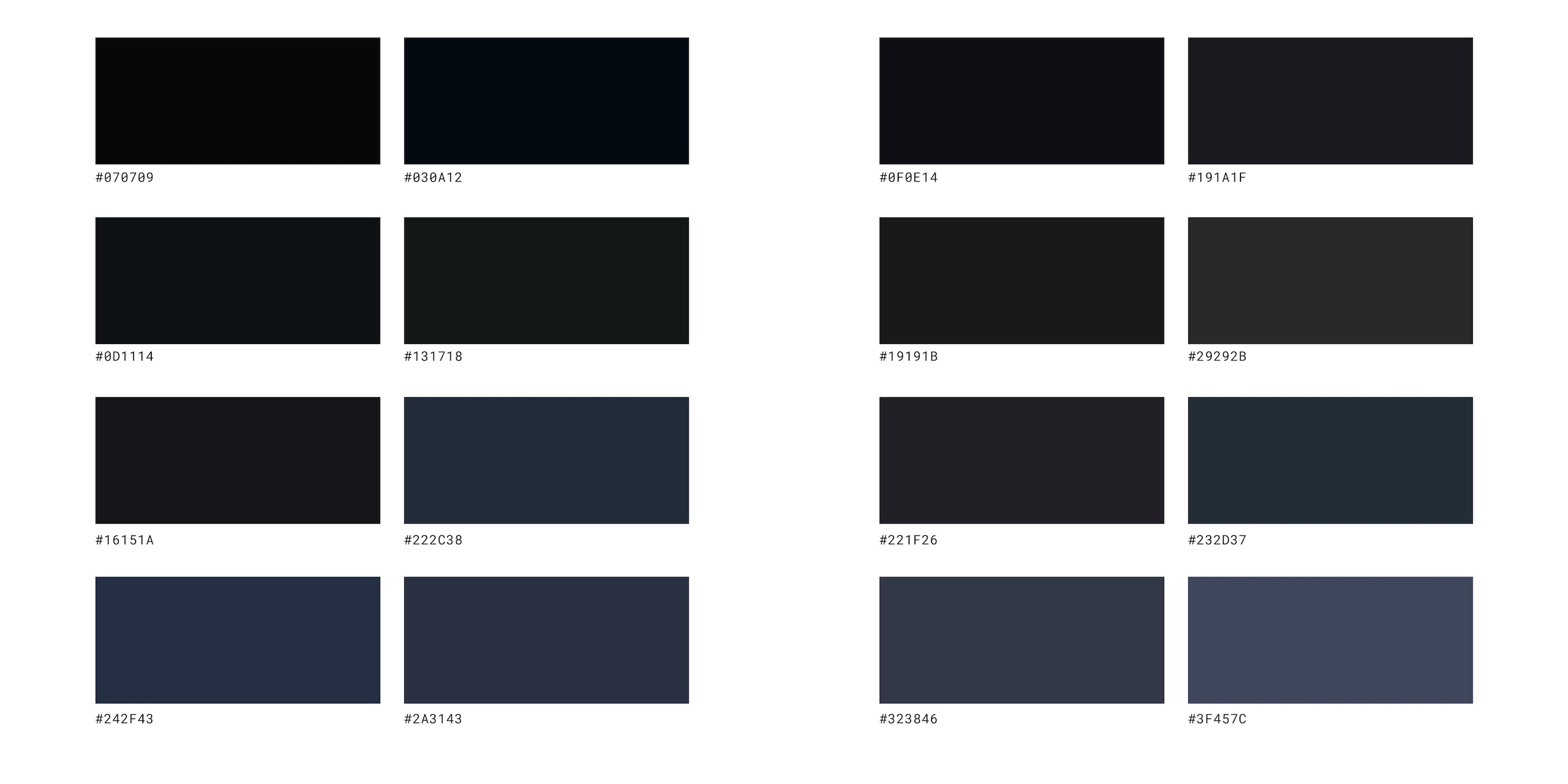 Palette of dark colours arranged in two columns, each swatch labelled with a hex code. The colours range from deep blacks to muted dark blues, providing a sophisticated, monochromatic palette with slight variations in hue and saturation.