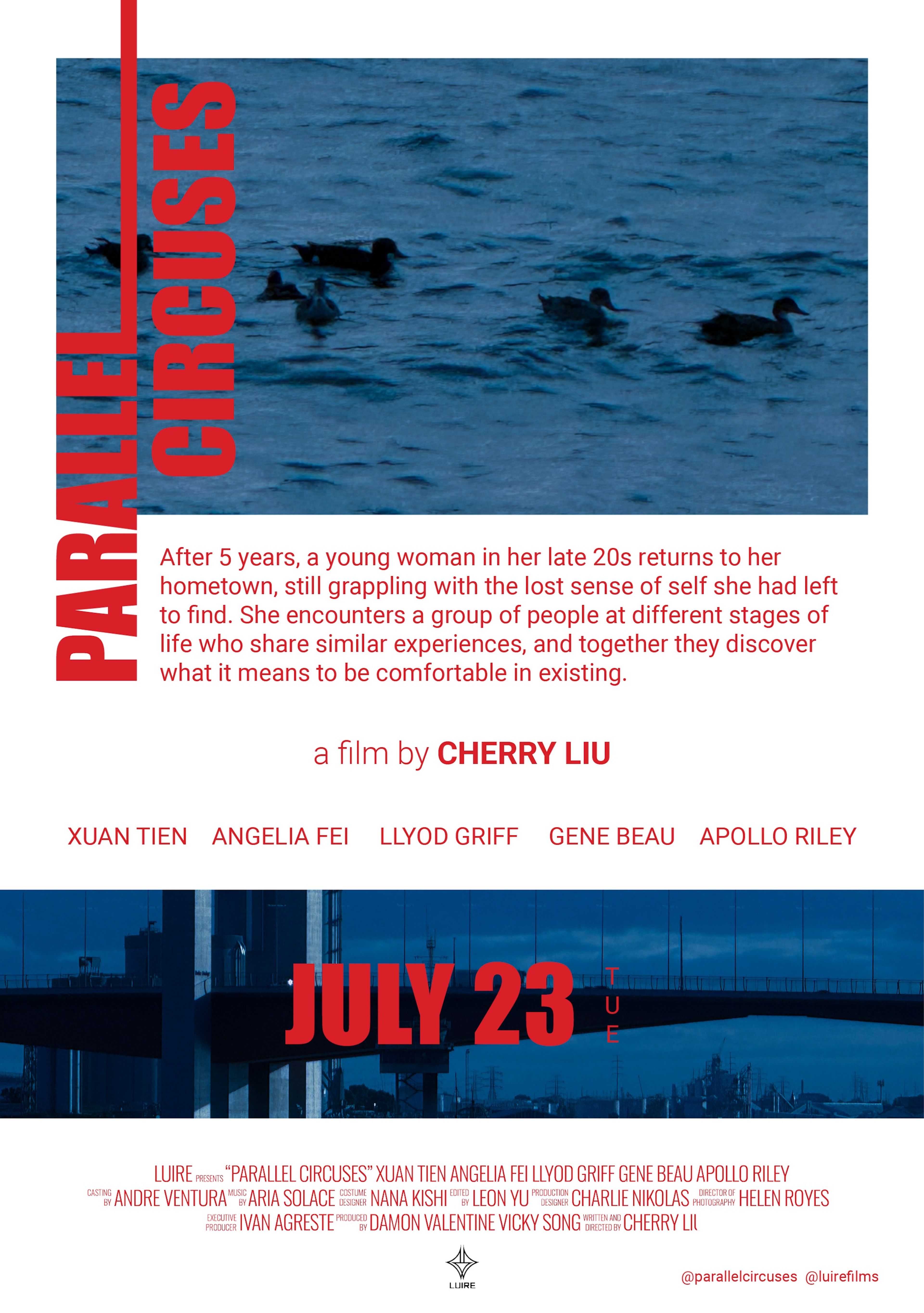 A promotional flyer for the film "Parallel Circuses," featuring a vertical red title on the left and a lake scene with ducks in the background. The synopsis introduces a character's journey of self-discovery, with the release date boldly highlighted in red below.