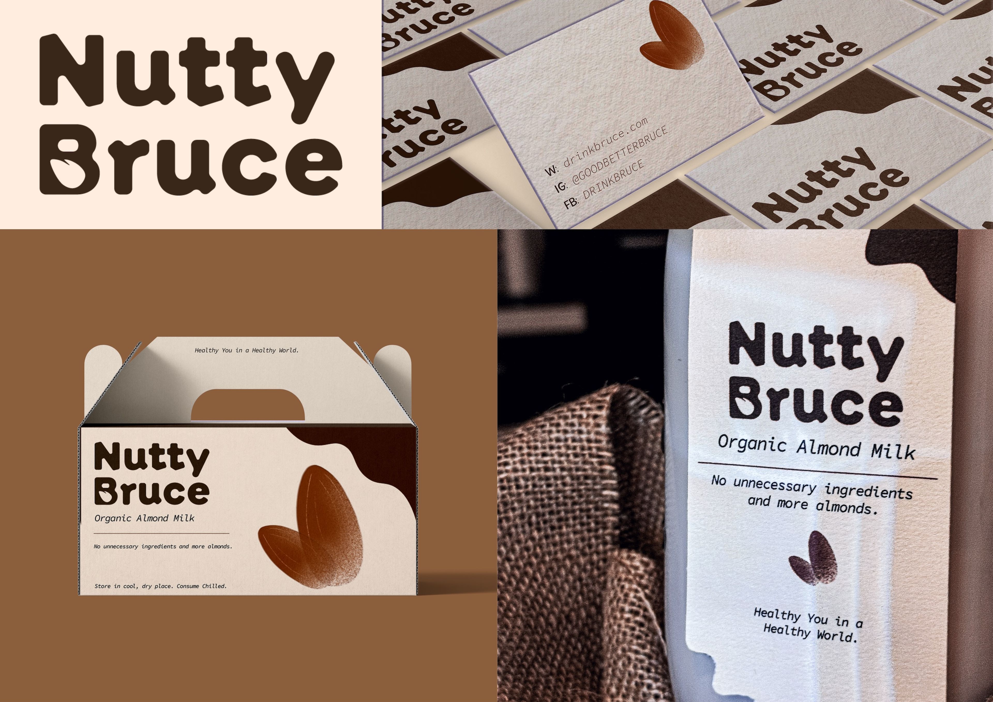 Branding for "Nutty Bruce Organic Almond Milk" featuring rounded brown typography and an almond icon. Packaging includes a carton and bottle with a rustic, neutral color scheme and messaging like "No unnecessary ingredients."