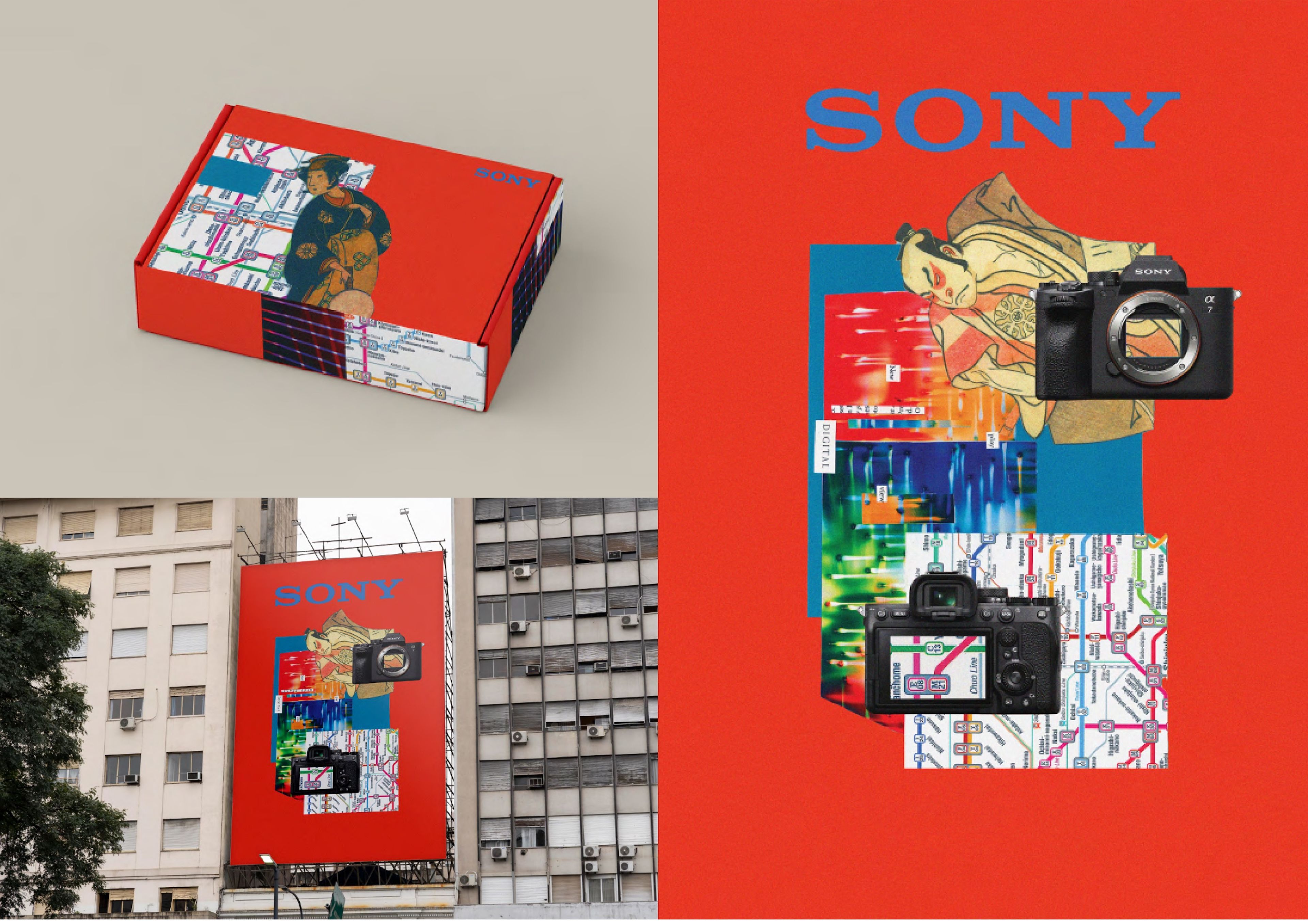 Sony camera advertisement campaign featuring Japanese ukiyo-e inspired artwork. Set includes product packaging, billboard photograph, and digital composite. Design combines traditional art with modern Sony cameras on vibrant red backgrounds, overlaid with subway map elements in blue and white.