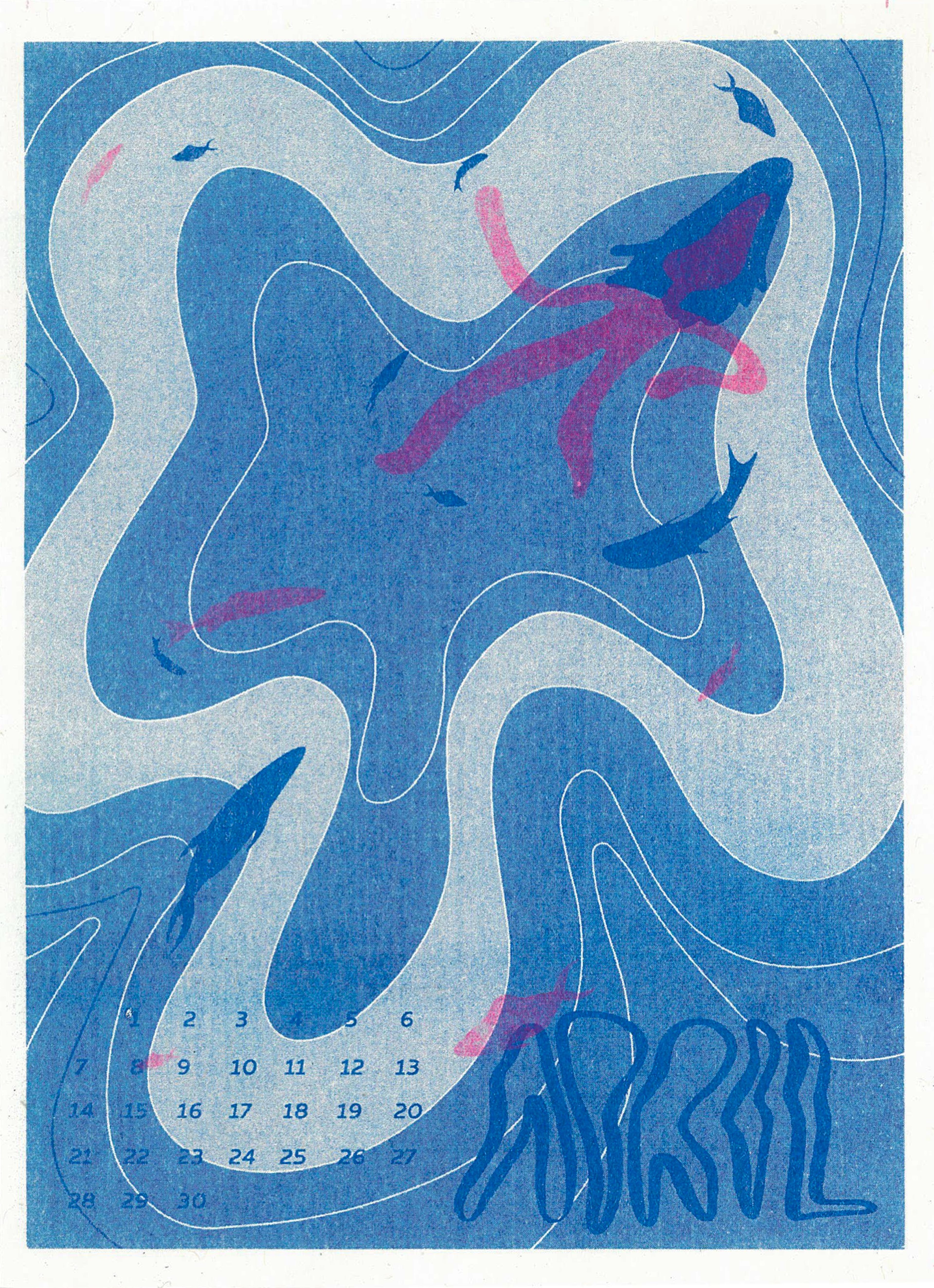 Calendar design in risograph-style printing using shades of blue and pink. Features abstract swirling patterns resembling water or waves, with small whale silhouettes scattered throughout. Calendar dates arranged in curved formation with 'APRIL' text styled in wavy typography.