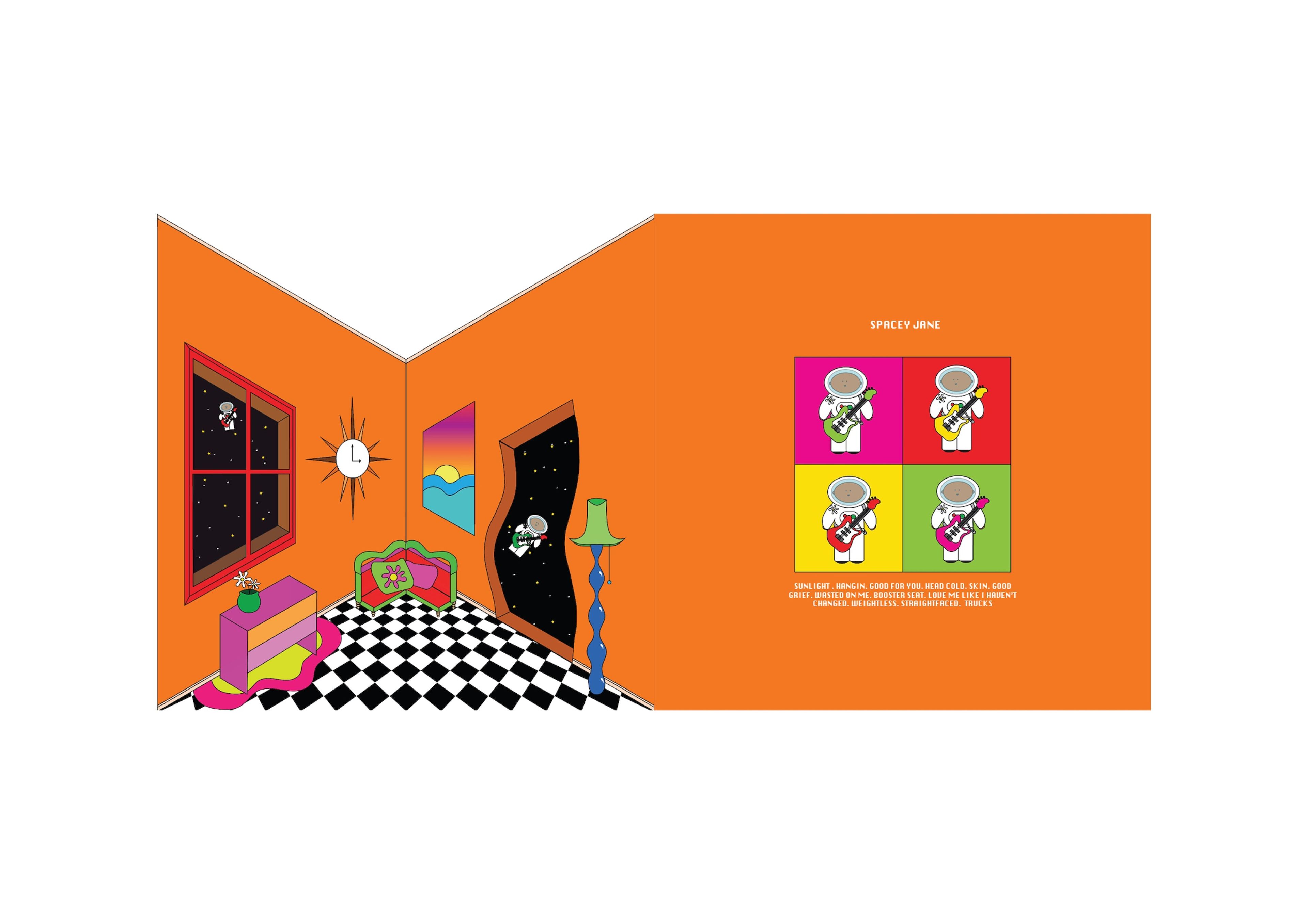 An open album cover layout featuring a retro-inspired room illustration. The walls are painted bright orange, with a checkered floor and surrealist decor, including an astronaut figure, a sun clock, and vintage furniture. The right panel showcases four brightly colored astronaut illustrations, adding a playful, pop-art element to the design.