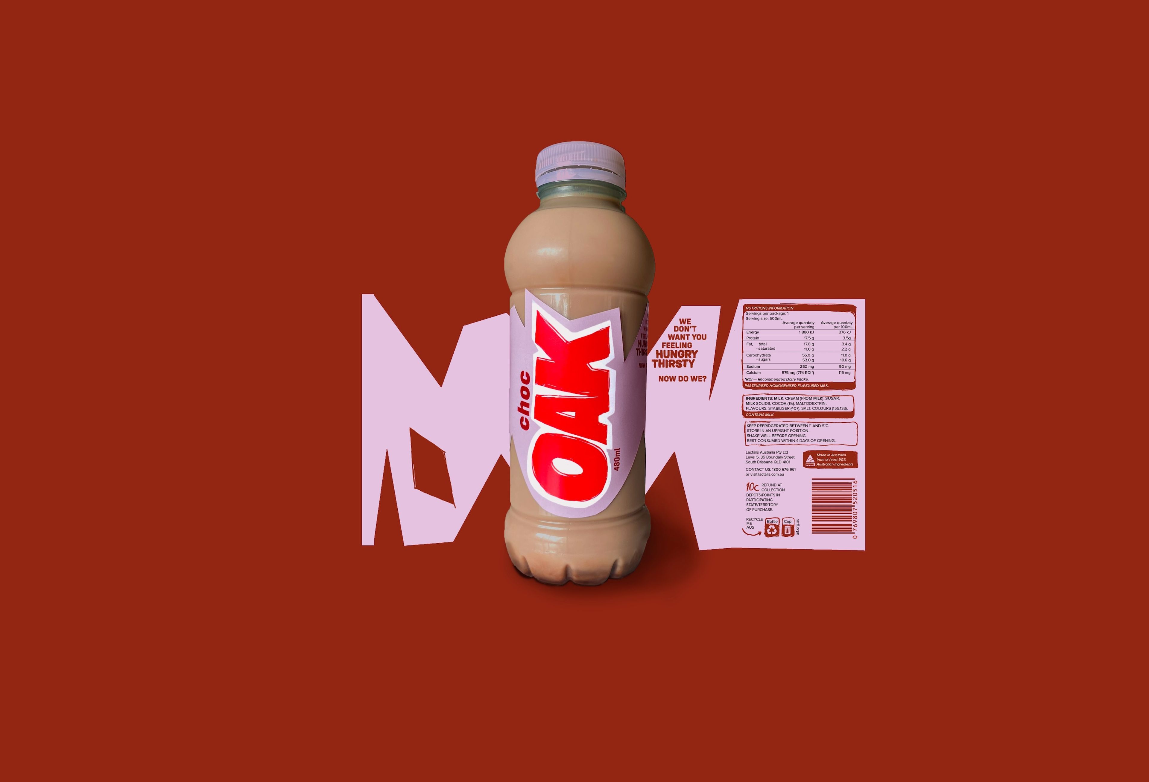 Product shot of OAK chocolate milk bottle against a deep red background, with stylised geometric shapes in pale pink.