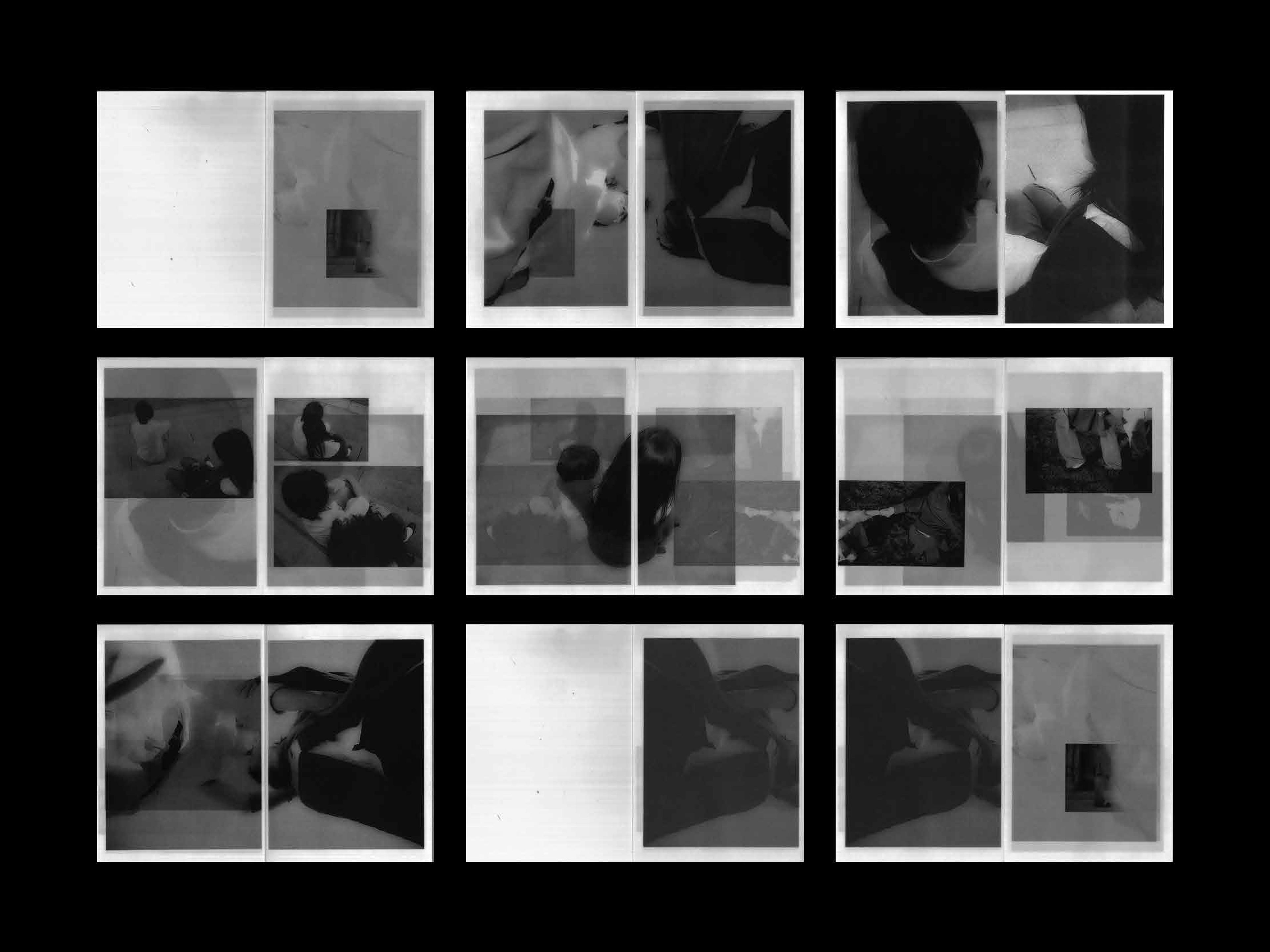 A monochromatic layout consisting of nine panels, each featuring abstract, overlapping photographic compositions. The images depict various perspectives of individuals, hands, and objects