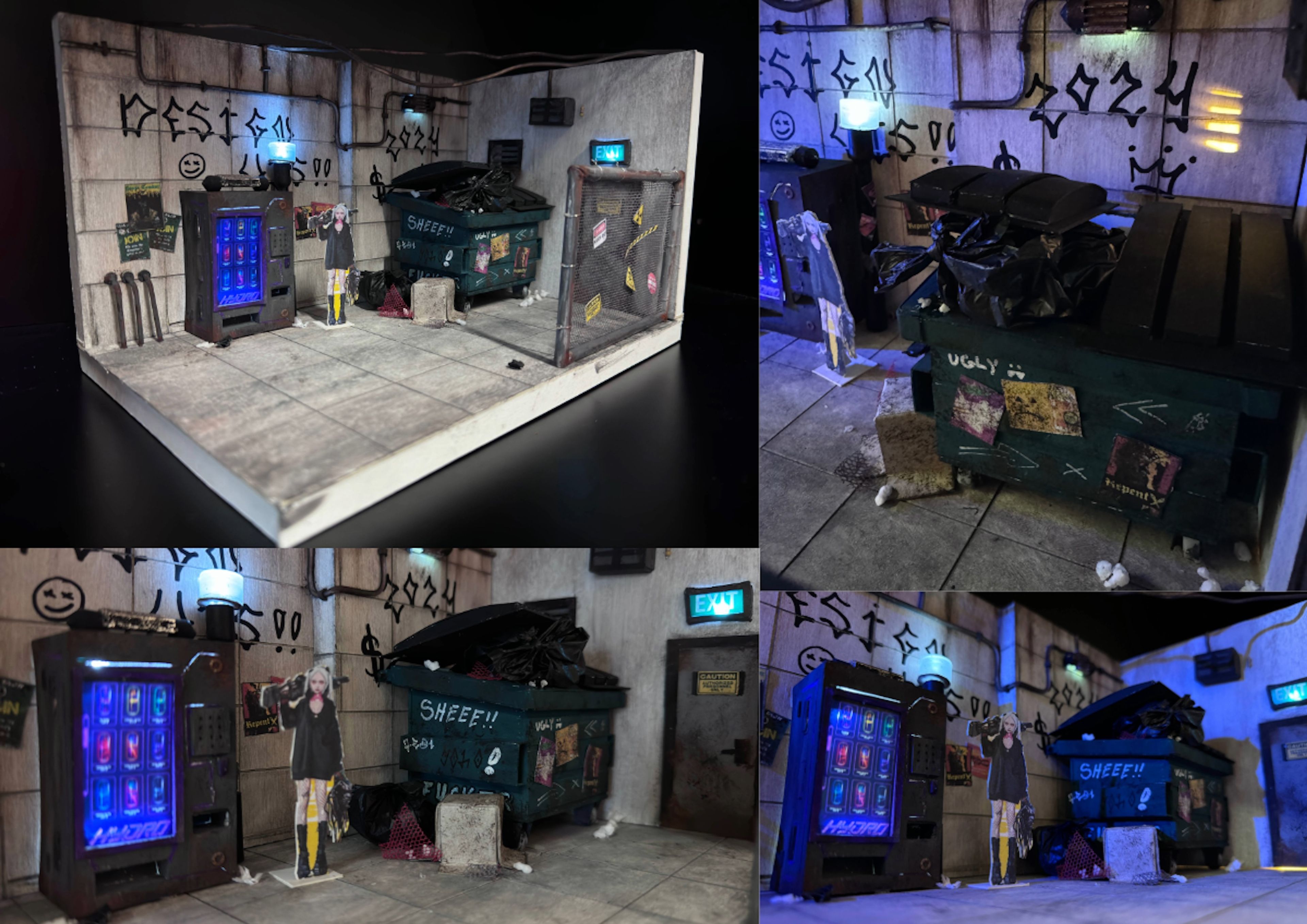 A scale model of an urban alley with a dumpster, vending machine, and graffiti-covered walls, illuminated by neon lighting. Detailed elements like posters and weathered textures add a gritty, urban atmosphere.