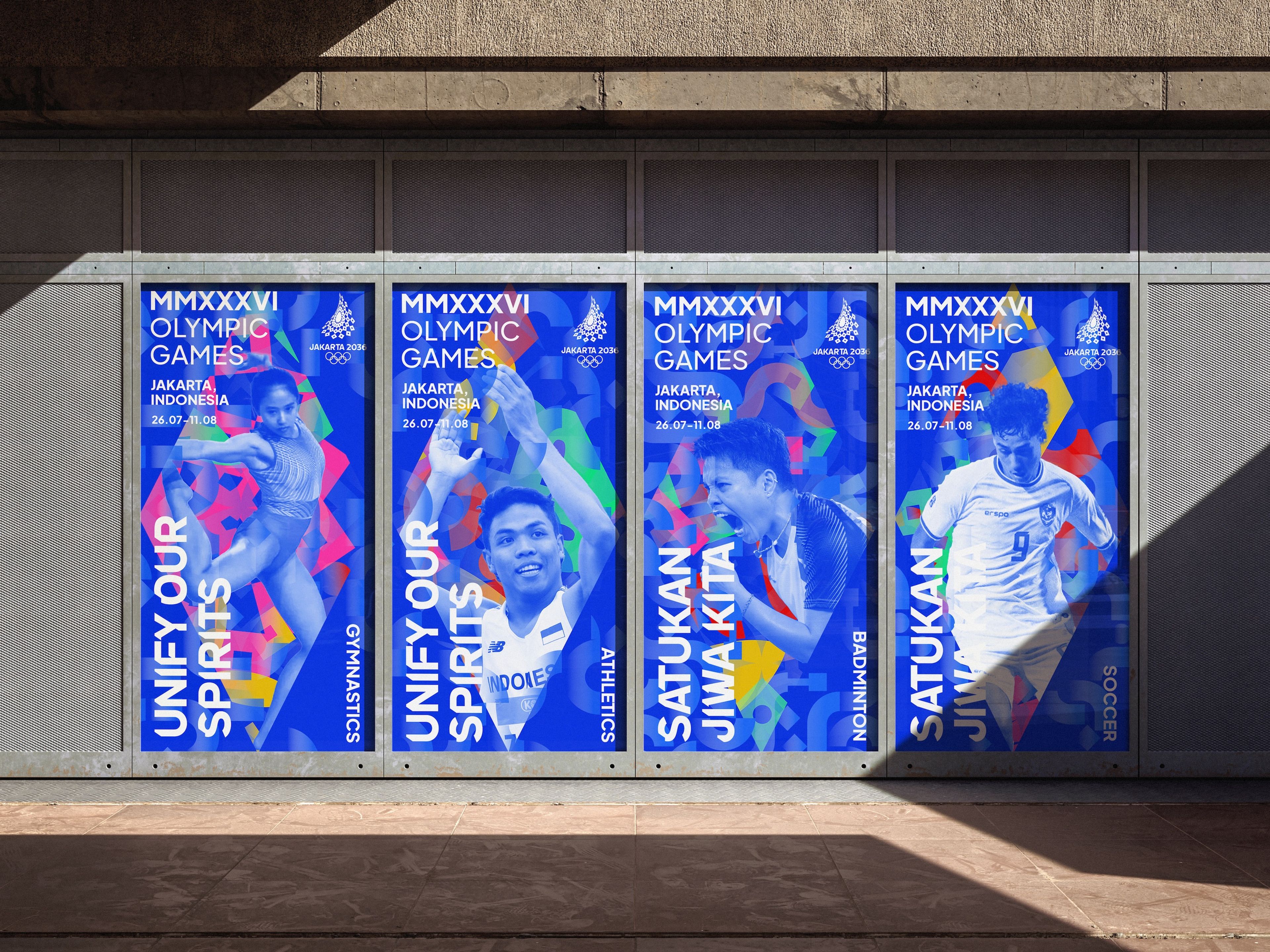 Four illuminated display panels showing Jakarta 2036 Olympic Games athlete portraits against blue backgrounds with geometric patterns. Each features Indonesian athletes in dynamic poses with text 'UNIFY OUR SPIRITS' and 'SATUKAN JIWA KITA'.