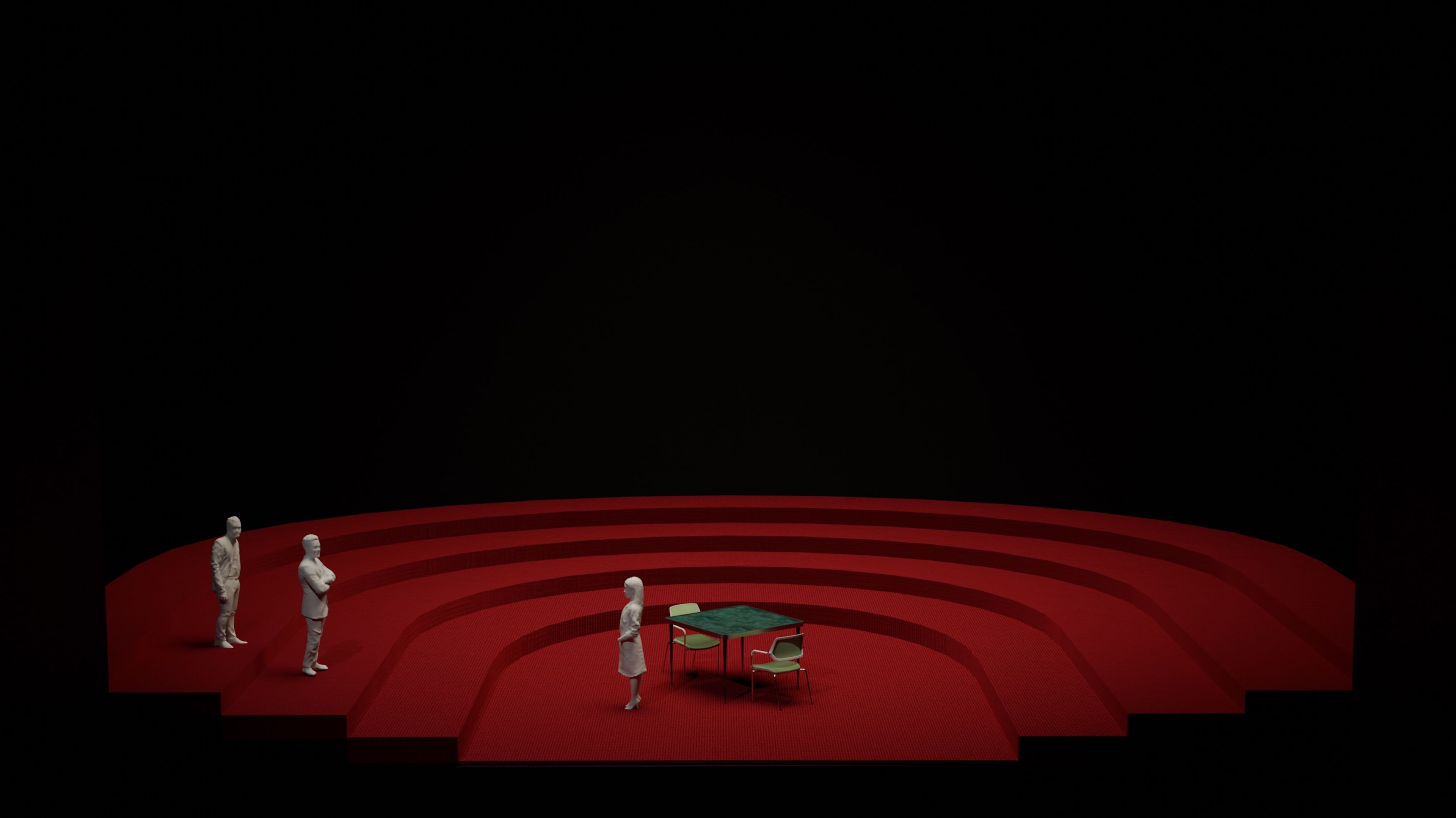 Stage model showing a coliseum-like configuration of red, tiered platforms with a central green table and four white chairs, accompanied by three white figures.