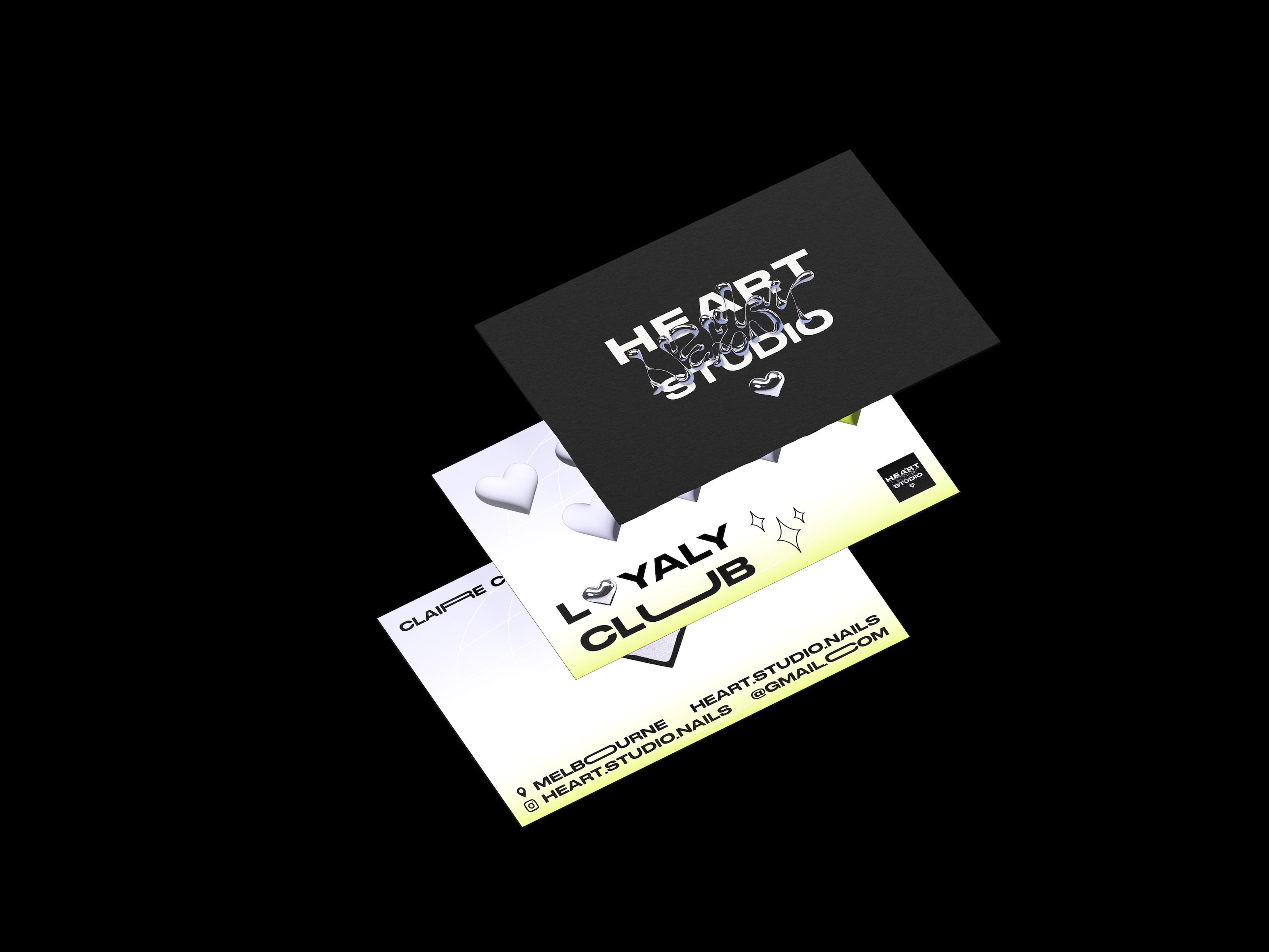 Stack of loyalty club cards for Heart Studio. The cards use a monochrome palette with neon green accents, combining minimalist text with heart-shaped graphics for a clean, contemporary look.