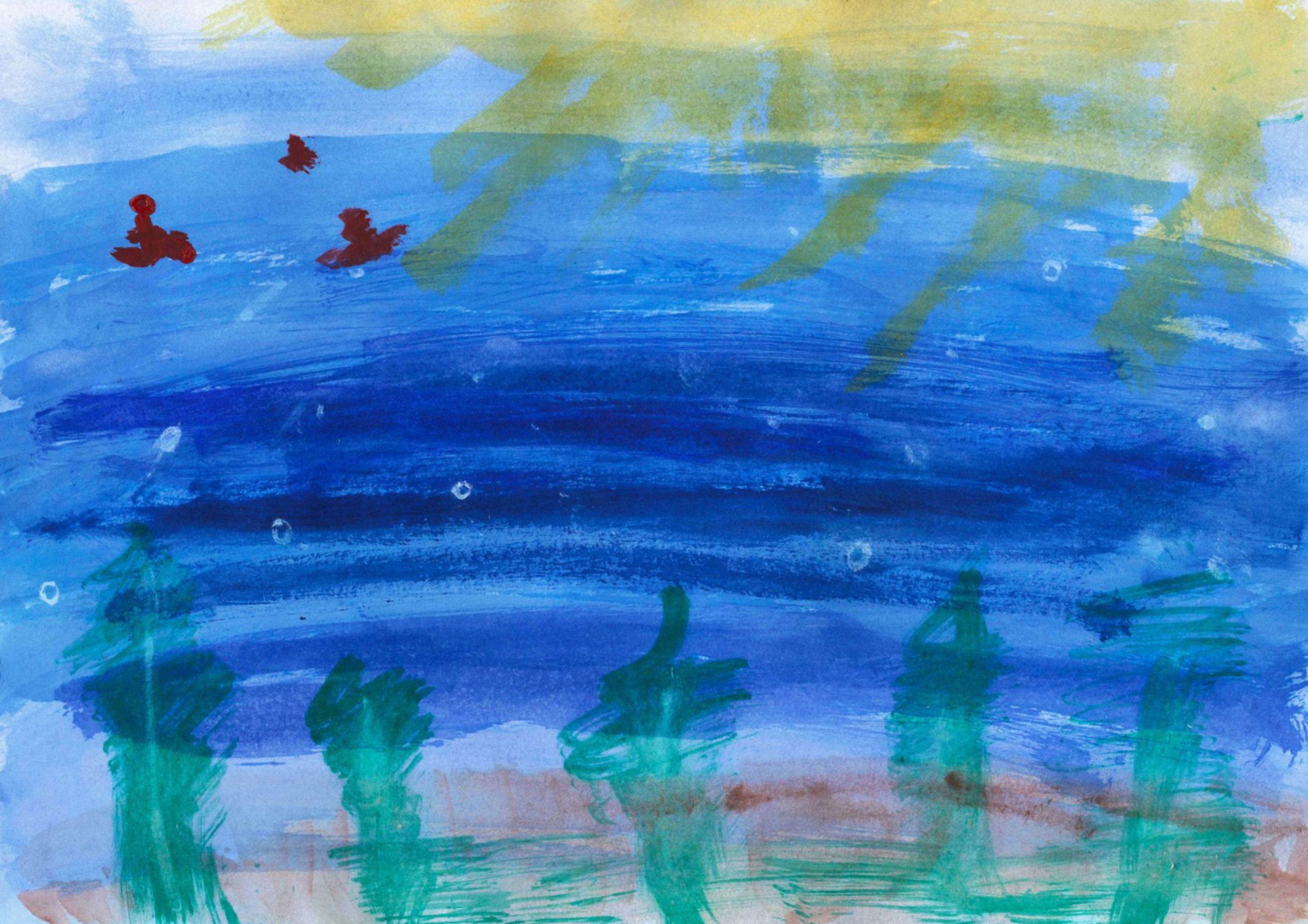 Abstract oil pastel drawing featuring deep blue waves and a gradient sky with sunlight. Shapes in red suggest birds, while green vertical forms imply trees or underwater plants.