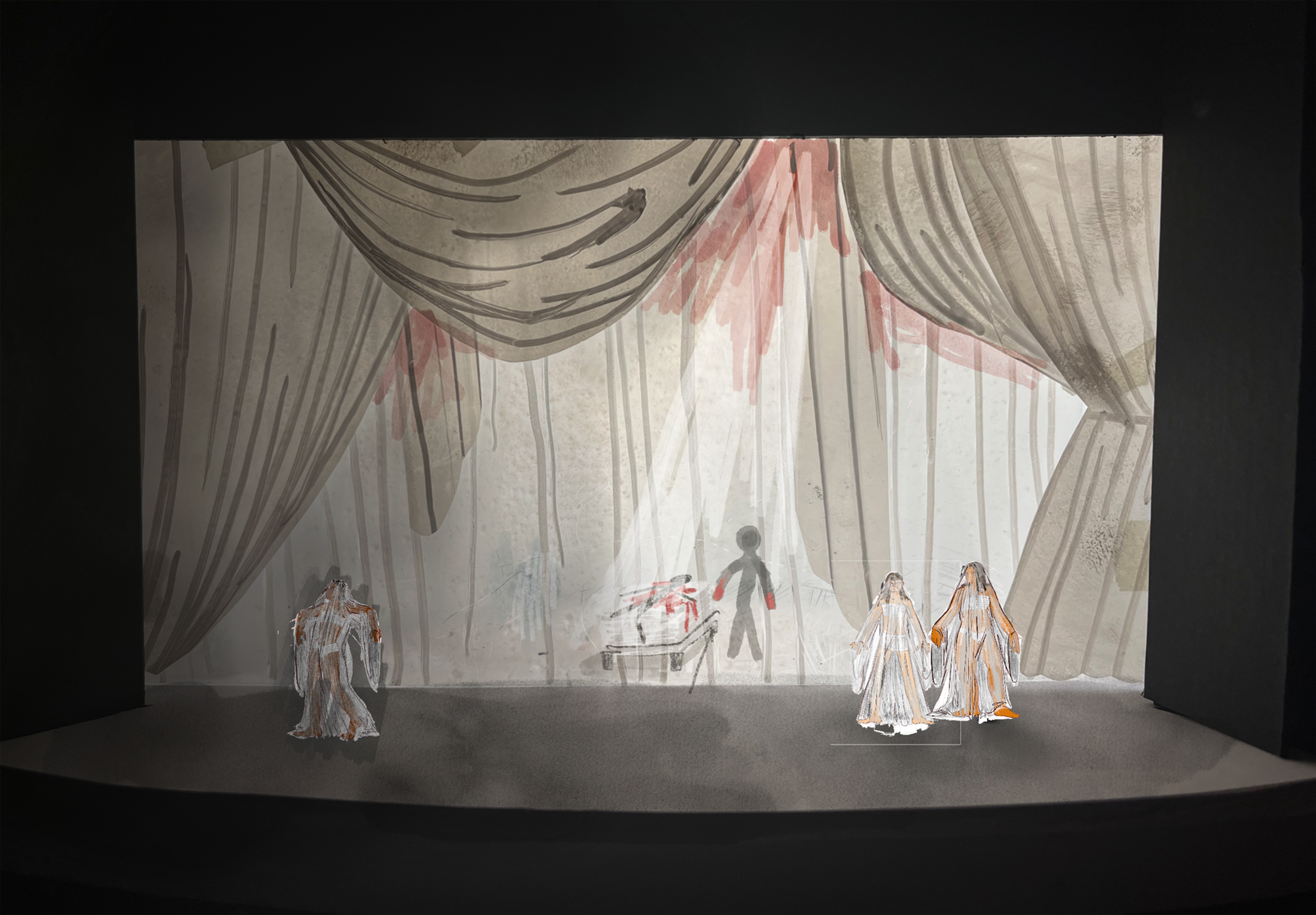 A theatrical stage design with a haunting and dramatic aesthetic. The set is draped in semi-transparent curtains streaked with red, suggesting blood or anguish. A shadowy figure with red-stained hands looms ominously in the background, while a bloodied stretcher adds to the tension.