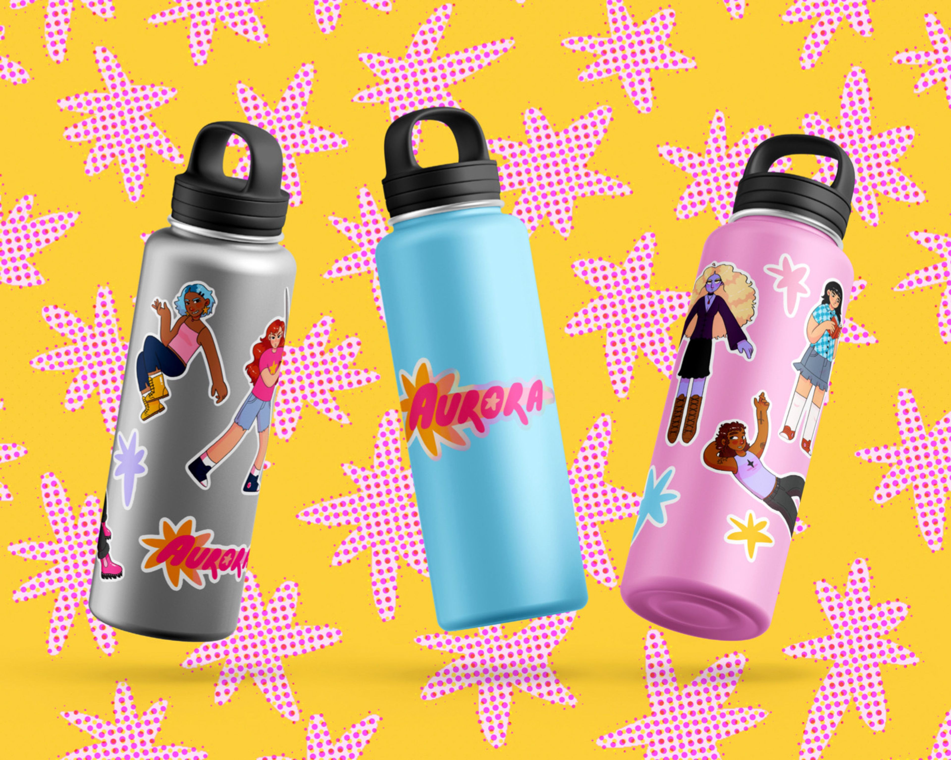 Three colourful water bottles featuring designs inspired by "Aurora" are displayed against a bright yellow background with pink polka-dot star patterns. 