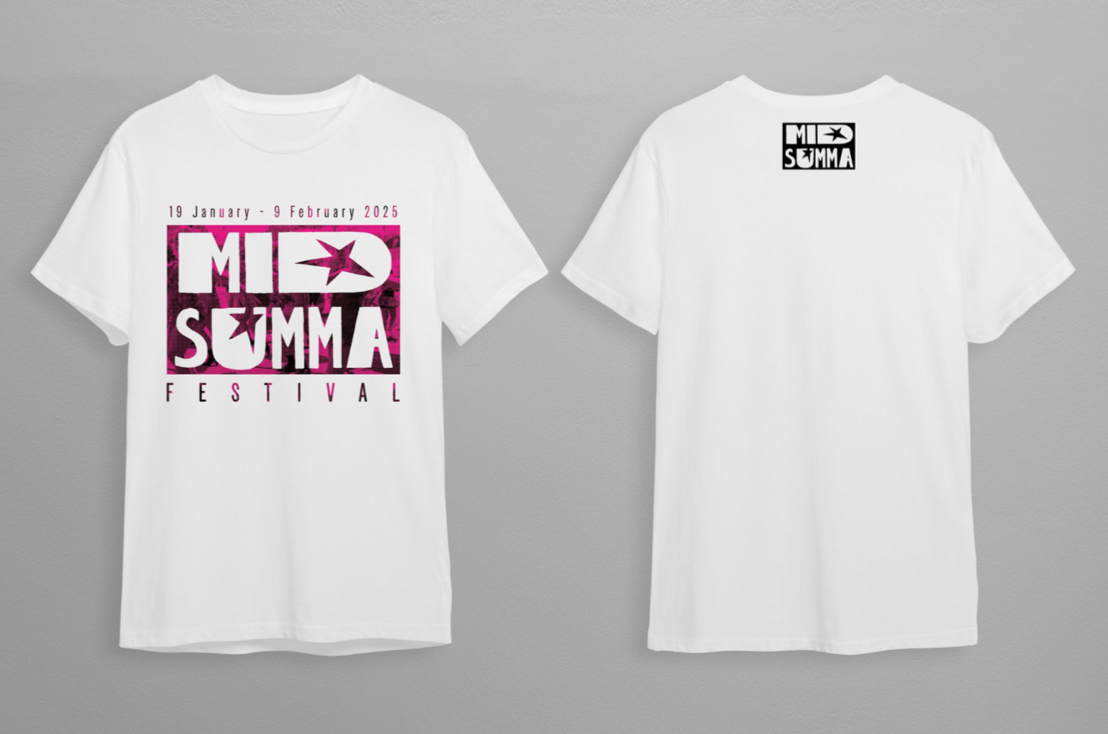 A white T-shirt shown from the front and back. The front features the "Midsumma Festival" logo in bold white text over a pink and black graphic background, with the dates 