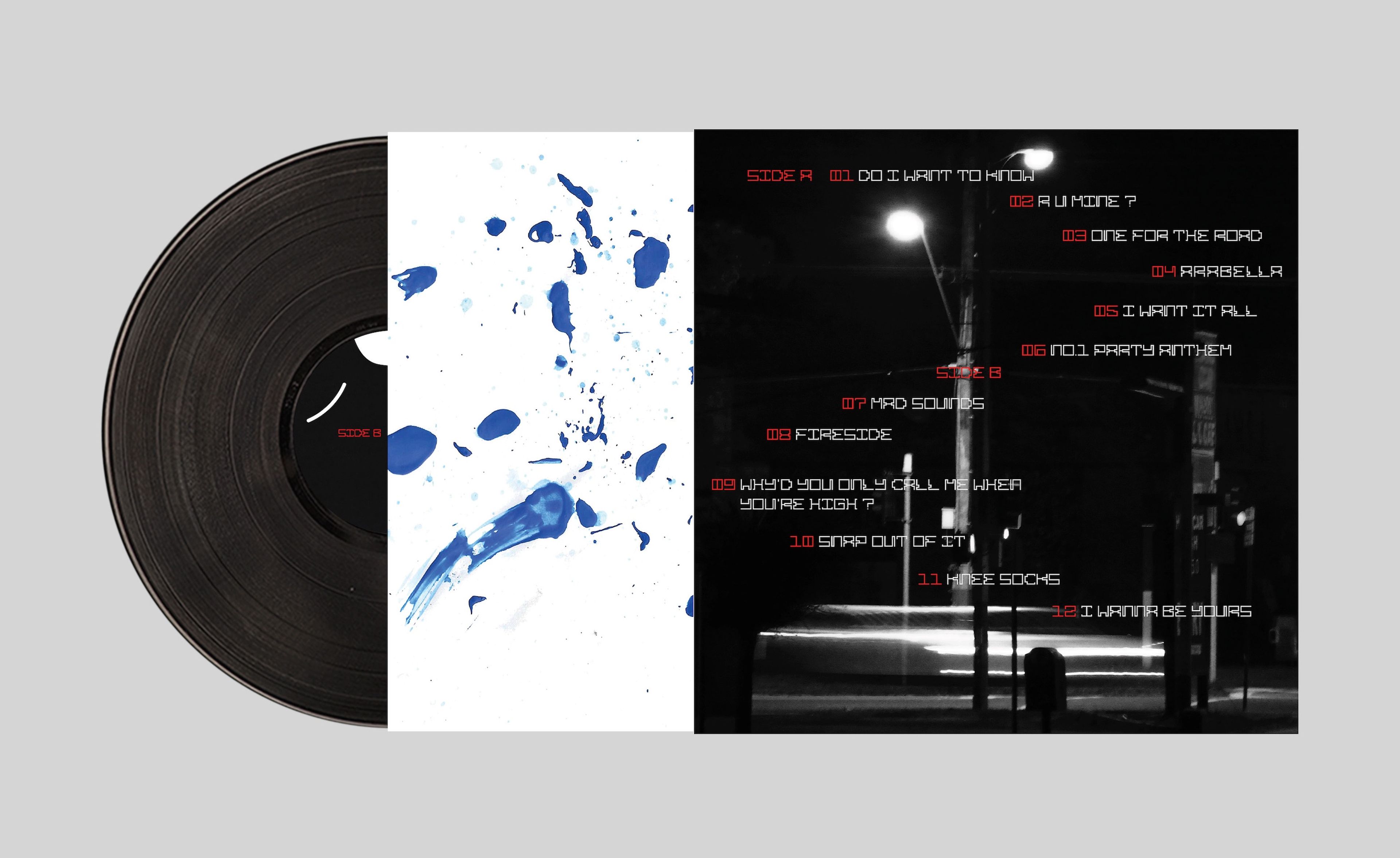 Dark-themed design for the back of a record label, with song titles in red overlaid on a black and white urban night scene. Blue paint splashes add contrast on the adjacent white panel.