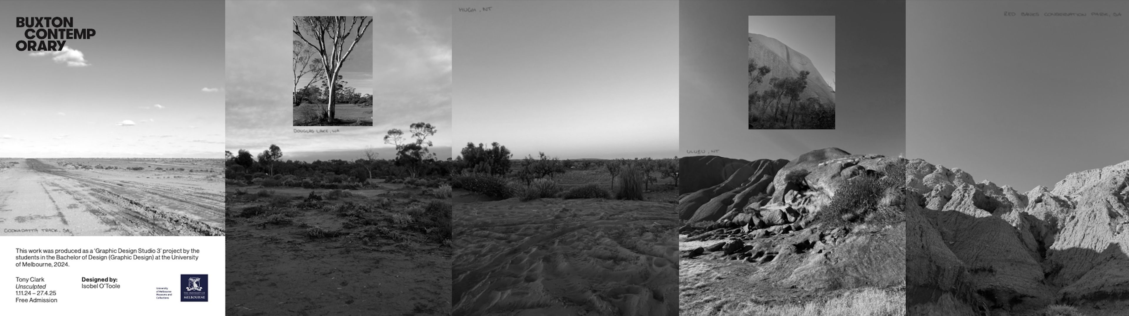 Black and white digital collage featuring Australian landscapes, including dry desert, rocky formations, and bushland. Overlaid with smaller images of trees and terrain, with locations handwritten in each panel.