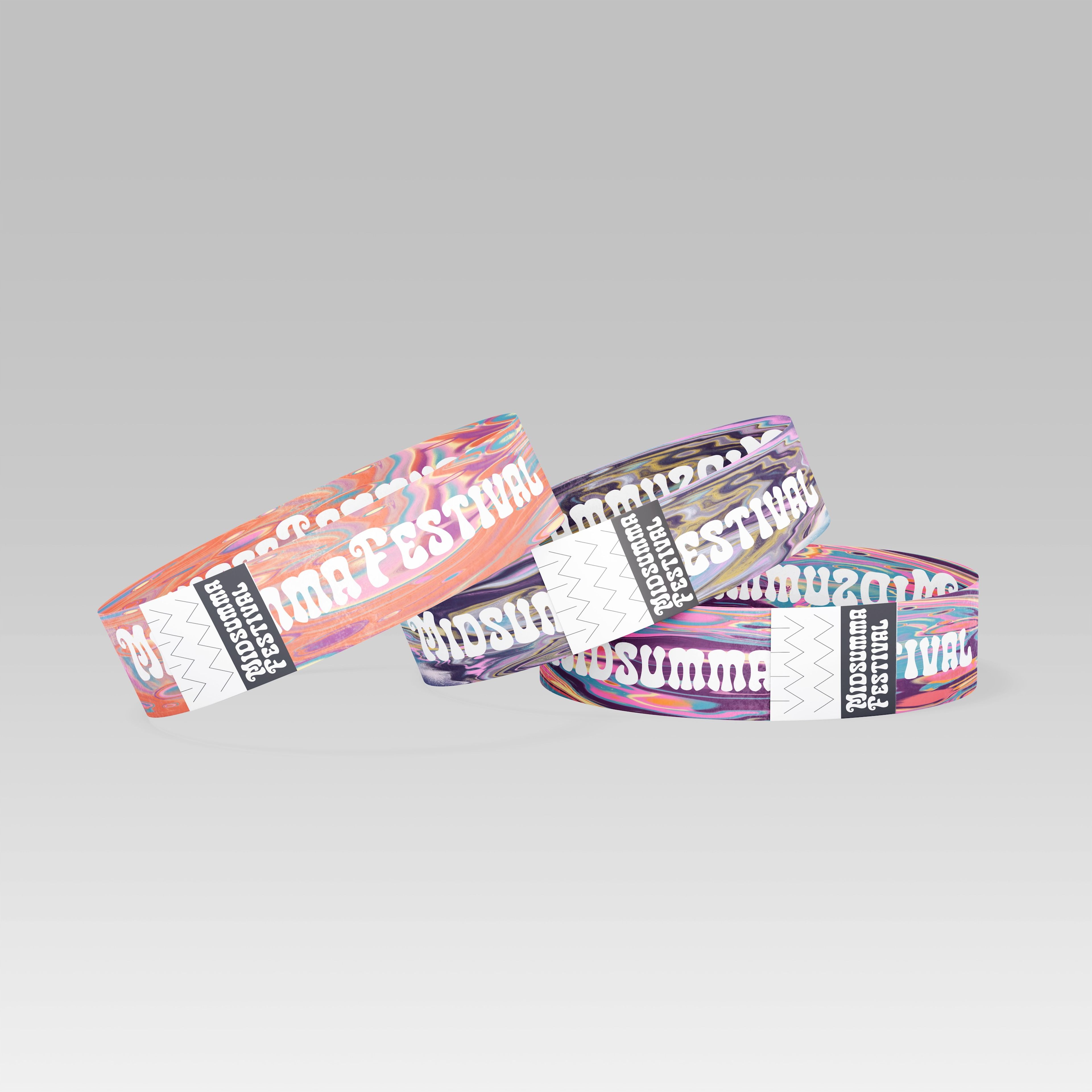 Festival wristband designs featuring psychedelic marbled patterns in coral, purple, and blue. White retro-style typography and black identity tags create a cohesive set of three overlapping bands.