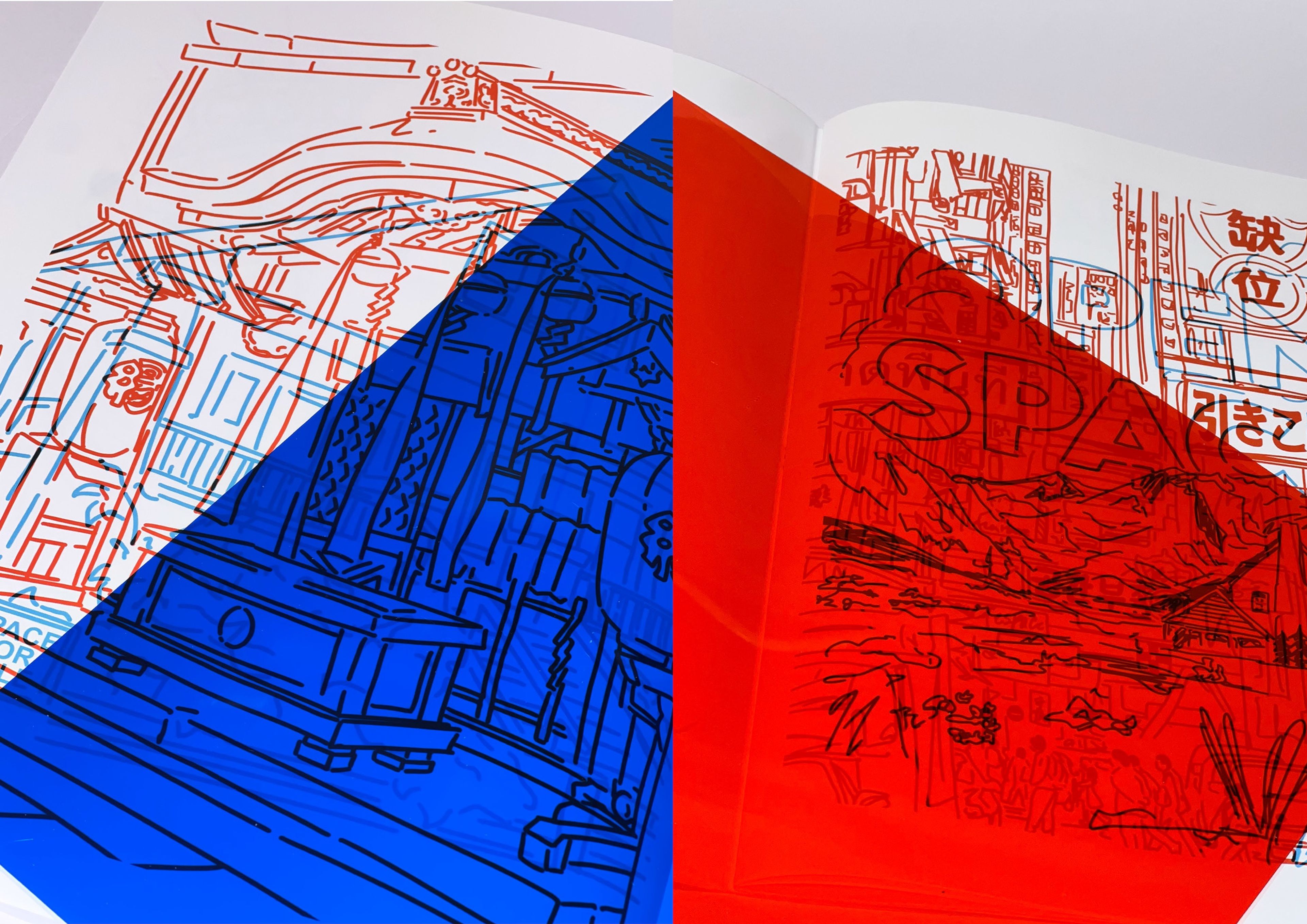 Illustration spread featuring architectural and landscape line art overlaid with a transparent blue and red film. The overlapping coloured layers reveal different elements of the drawing, creating a dynamic visual effect that encourages viewer interaction.