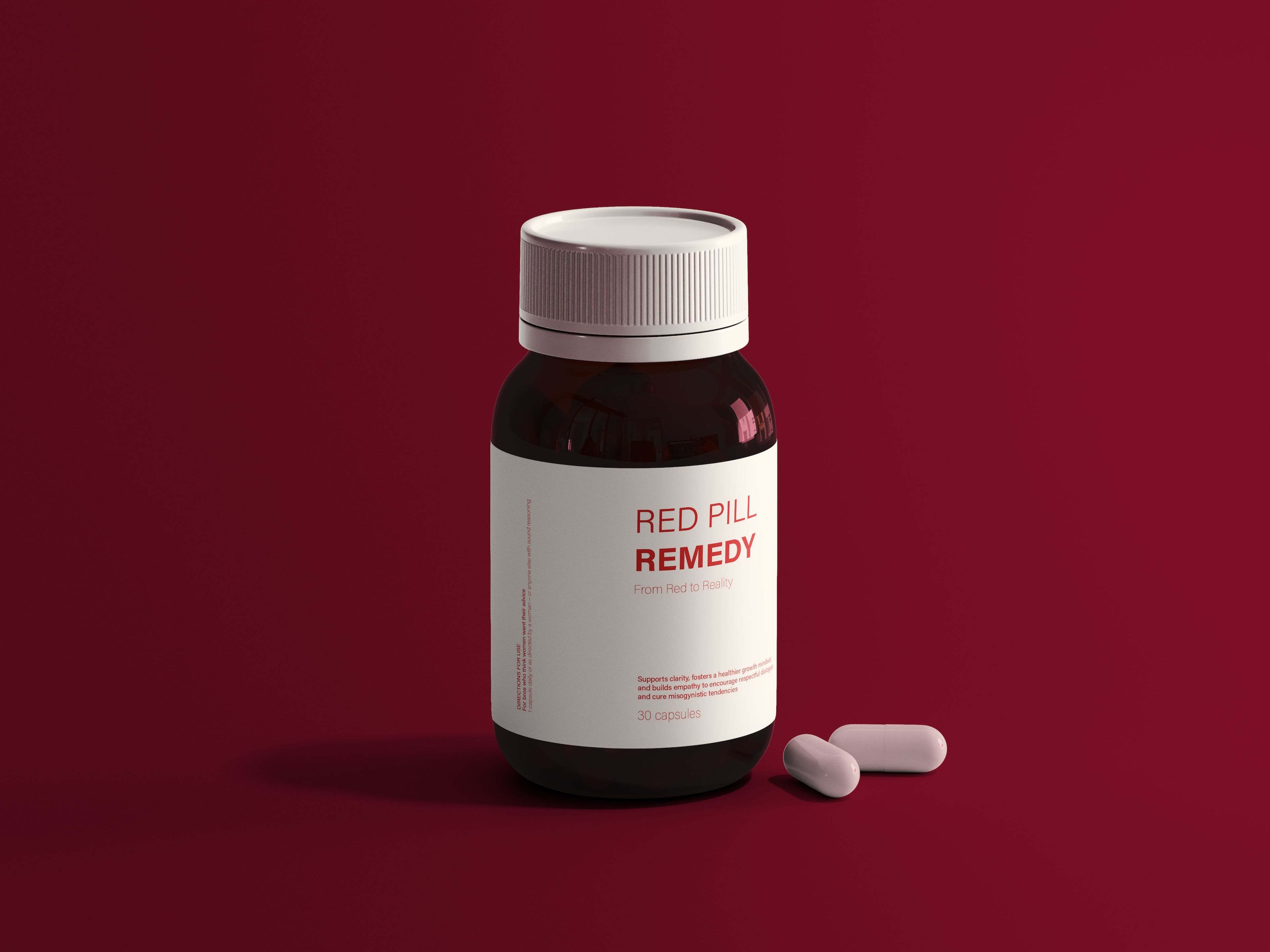 Product mockup for a dietary supplement called "Red Pill Remedy," displayed as a dark glass bottle with a minimalist white label against a deep red background. Two white capsules lie beside the bottle, reinforcing the product's clean, pharmaceutical aesthetic.