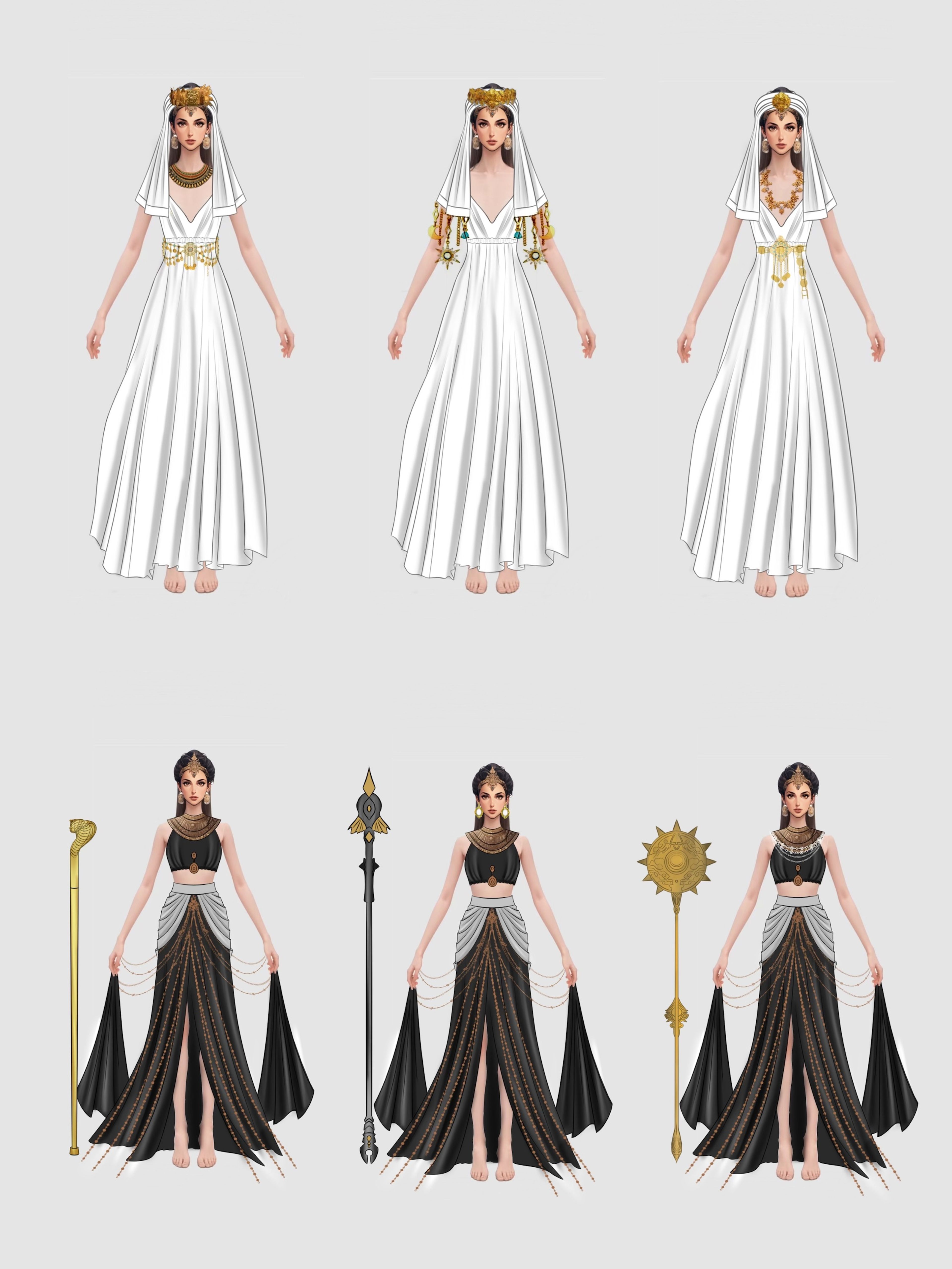 Digital costume designs showing six variations of Egyptian-inspired dresses - three white ceremonial gowns with gold accents above, and three black split-skirt ensembles with ornate staffs below