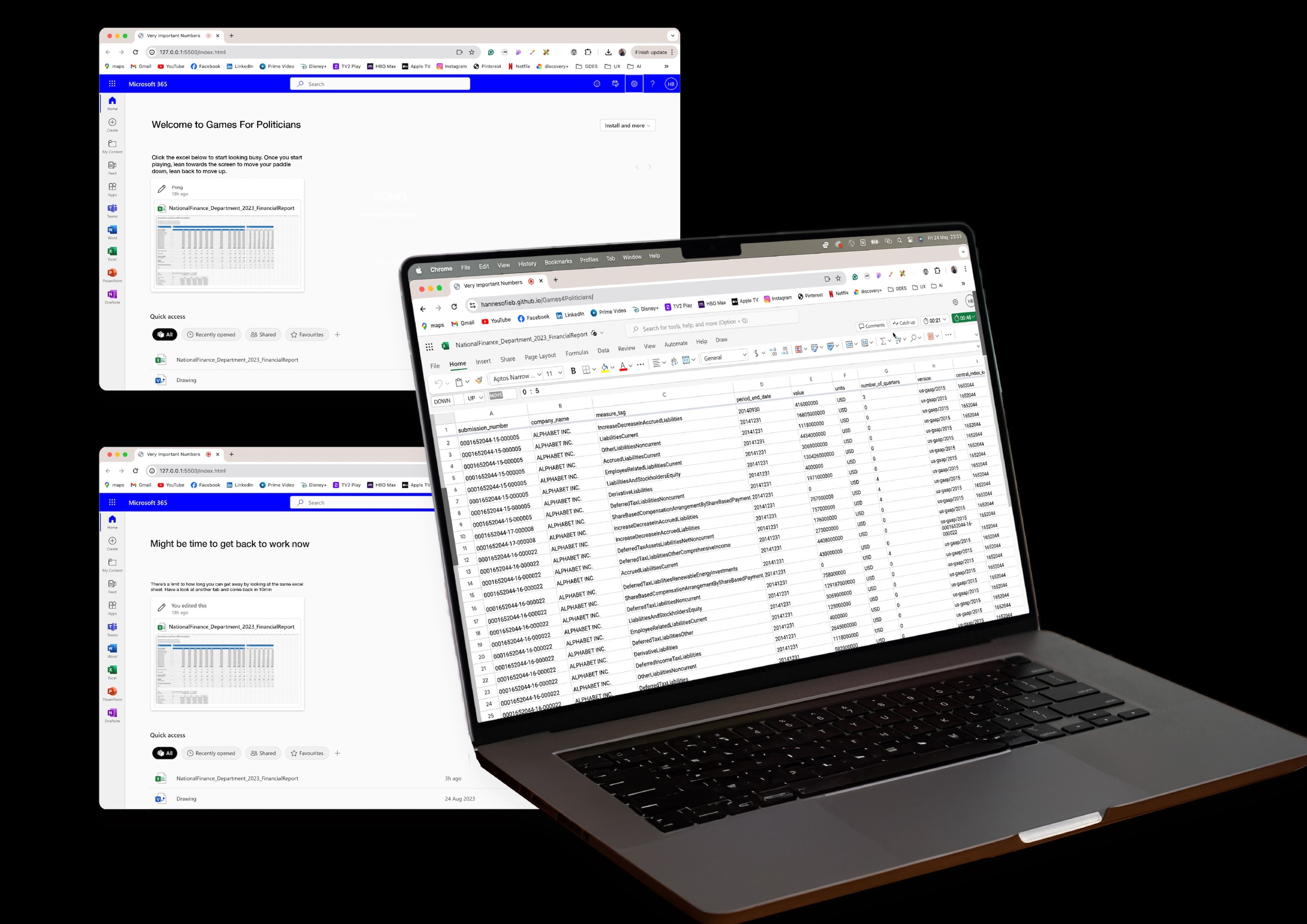 An open laptop displaying a spreadsheet and a Microsoft 365 page titled "Games For Politicians." The background is solid black, emphasising the screens and spreadsheet content.