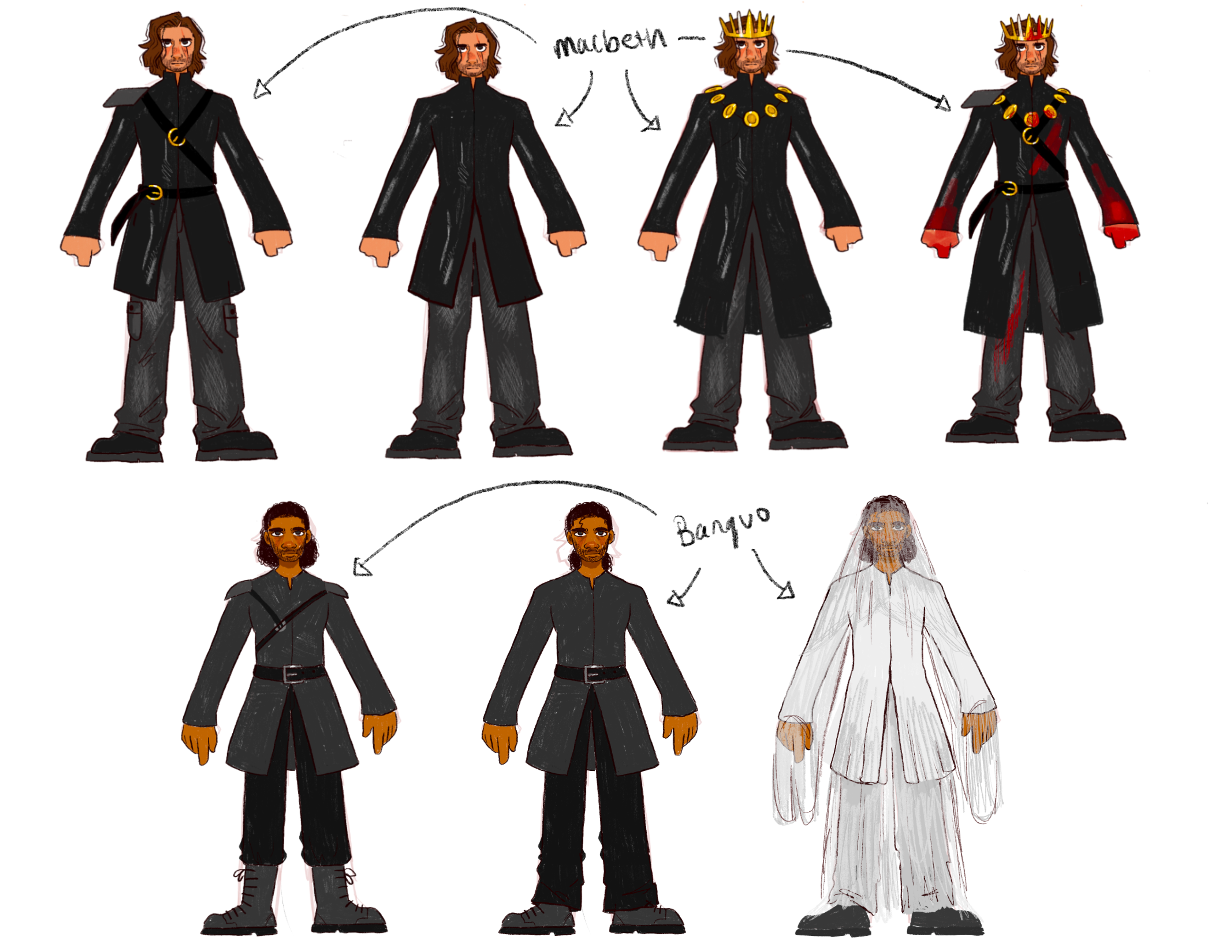 Illustrated costume designs for characters from "Macbeth." Includes Macbeth in various stages: a tactical black outfit, a kingly black coat with gold medallions, and a bloodied regal look. Banquo is shown in a dark tunic with boots and as a ghostly figure in a white, ethereal shroud, labeled with handwritten annotation