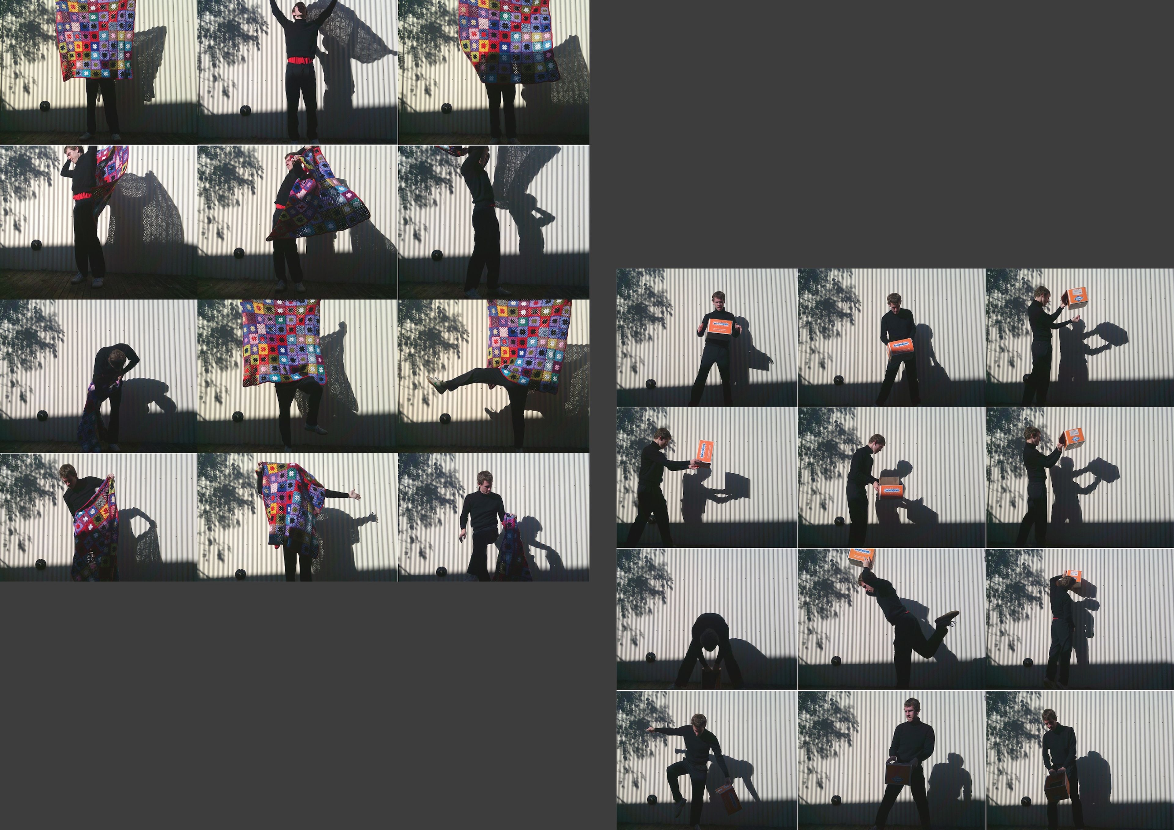 Stills from an animated GIF arranged in grid format showing a performance piece against a corrugated wall. Performer alternates between interacting with a colourful patchwork quilt and an orange box, creating dramatic shadows.