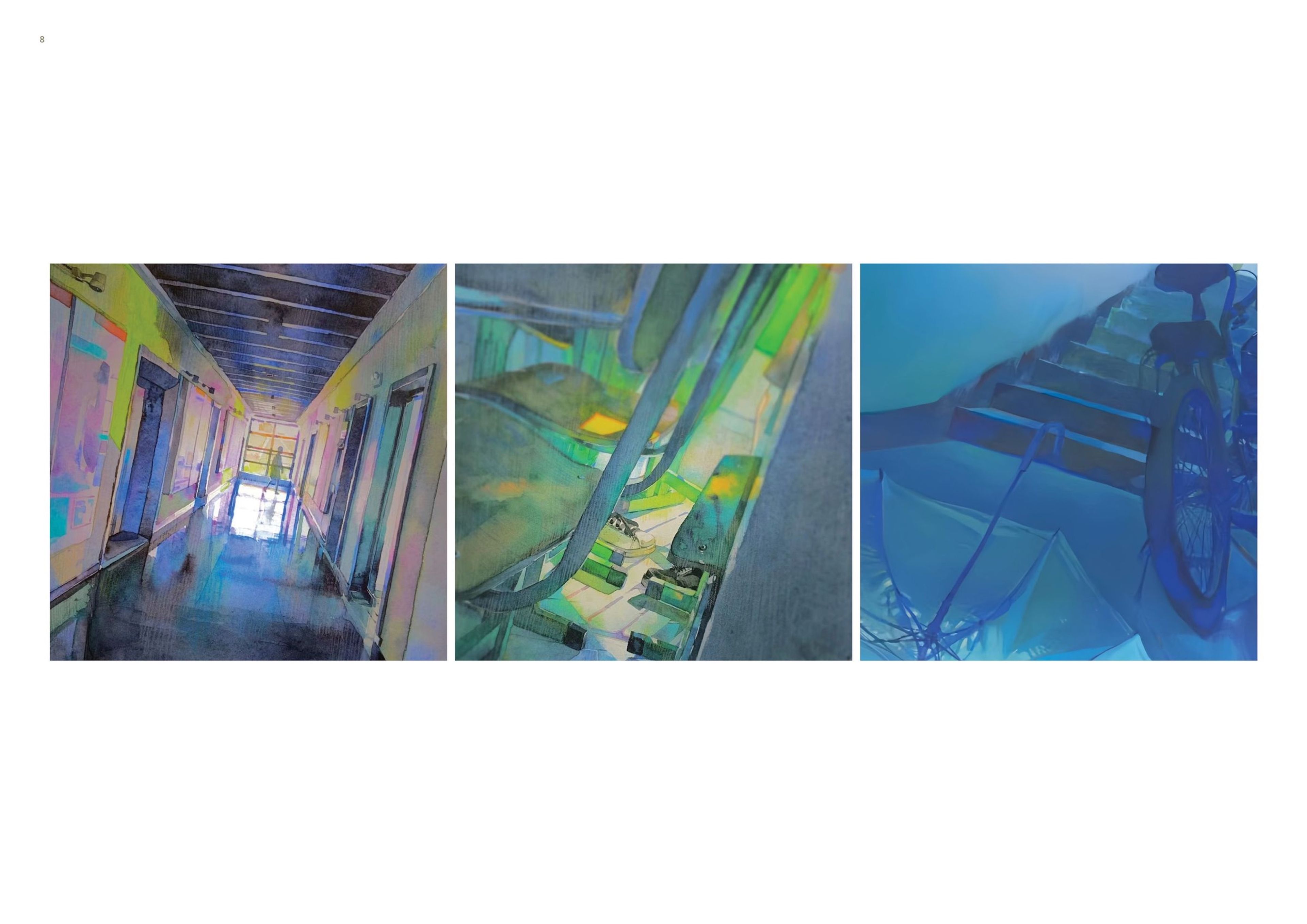 A triptych of watercolour artworks showing an indoor scene with a hallway, stairs, and scattered objects. The artworks use cool blue and green tones, creating a calm yet slightly surreal atmosphere with soft, diffused light.