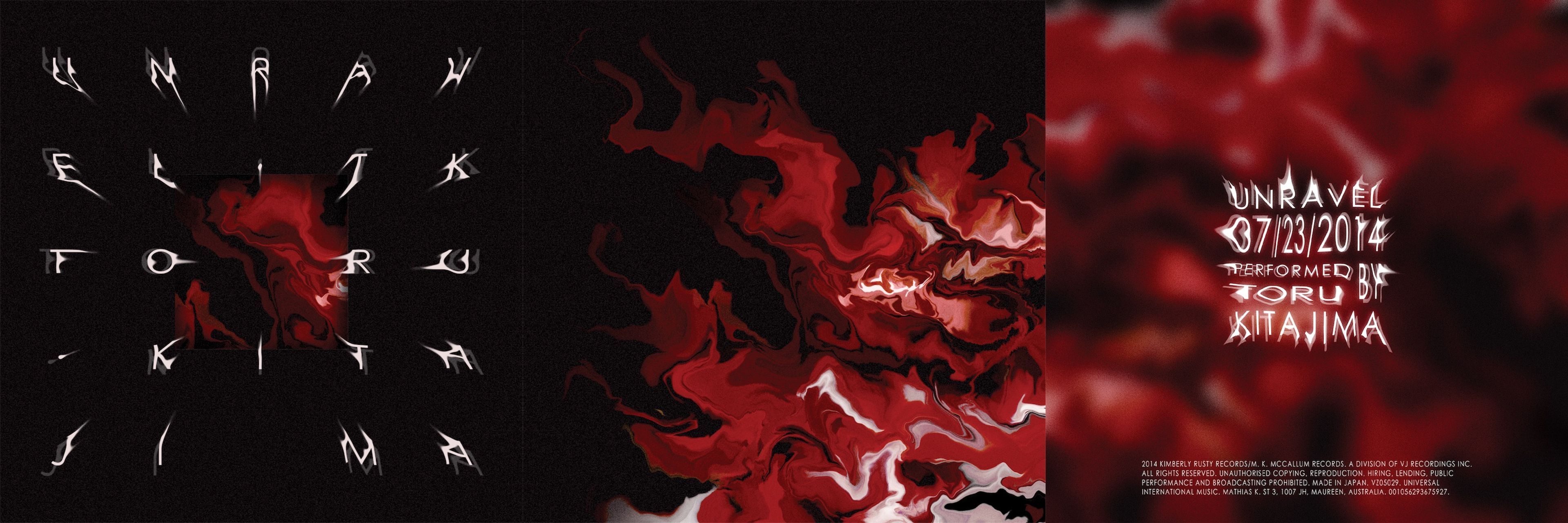 Album artwork for 'Unravel' by Toru Kitajima, featuring abstract white typography against black background with swirling red liquid effects. Dramatic contrast creates dynamic visual tension.