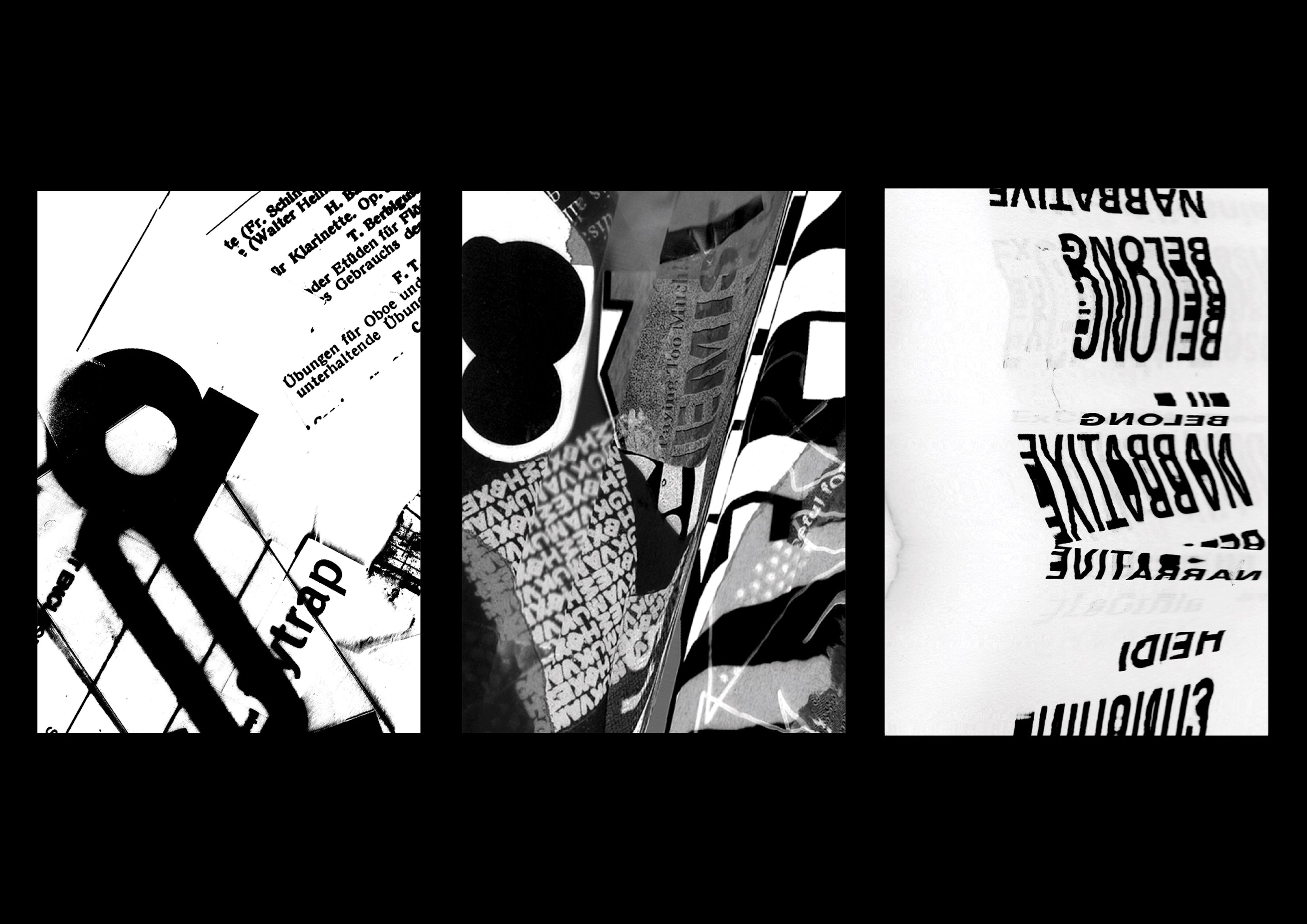 Experimental black and white photographic triptych exploring typography through extreme close-ups and distortion. High contrast treatment creates dramatic abstract compositions from found text.