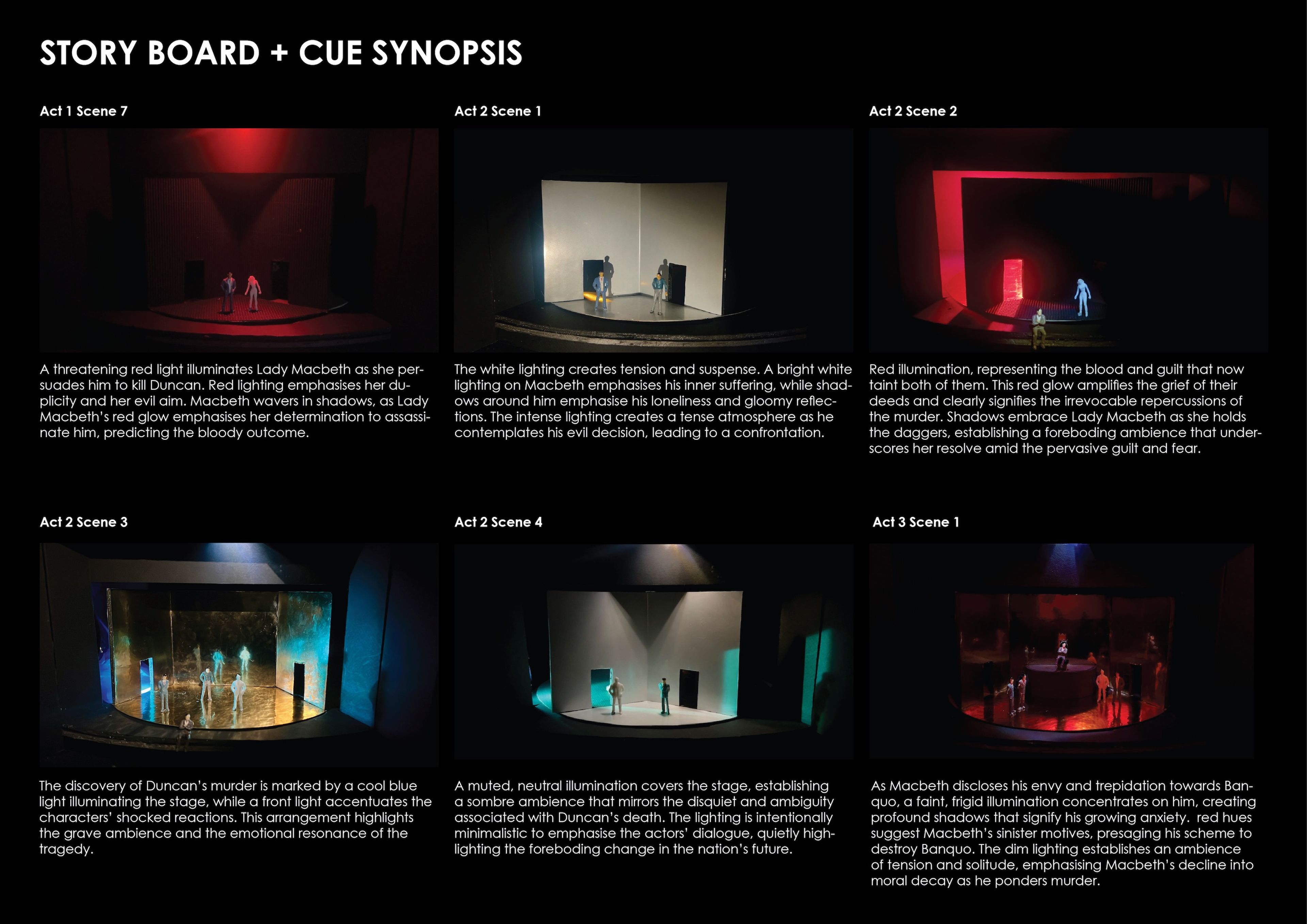 Storyboard for Act 2, detailing set models and lighting designs for each scene. Cool and warm tones alternate to highlight tension and emotion among characters.