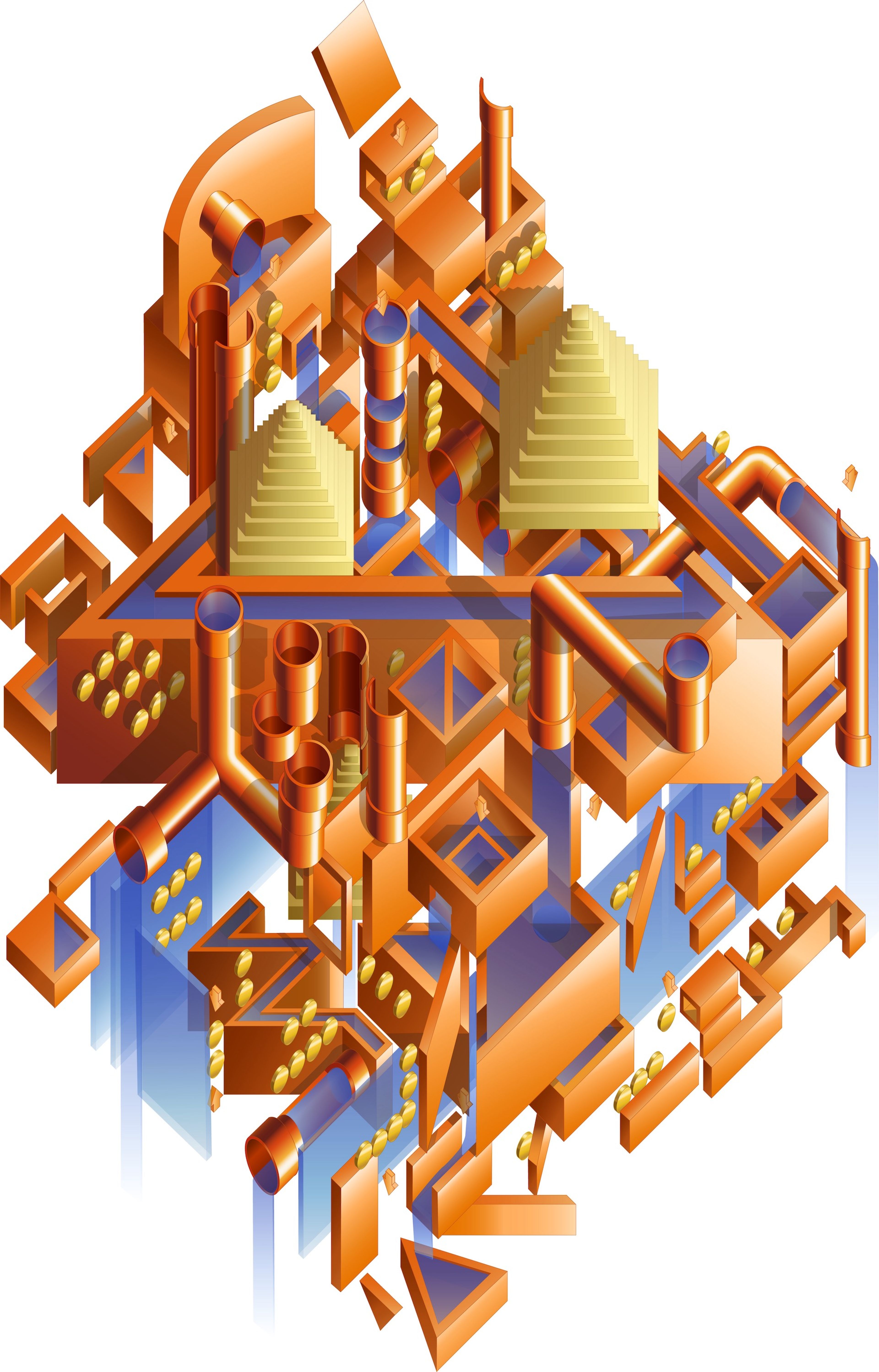 Isometric digital artwork of a complex, maze-like structure in shades of orange and gold with stacked pyramidal shapes, pipes, and various geometric elements.