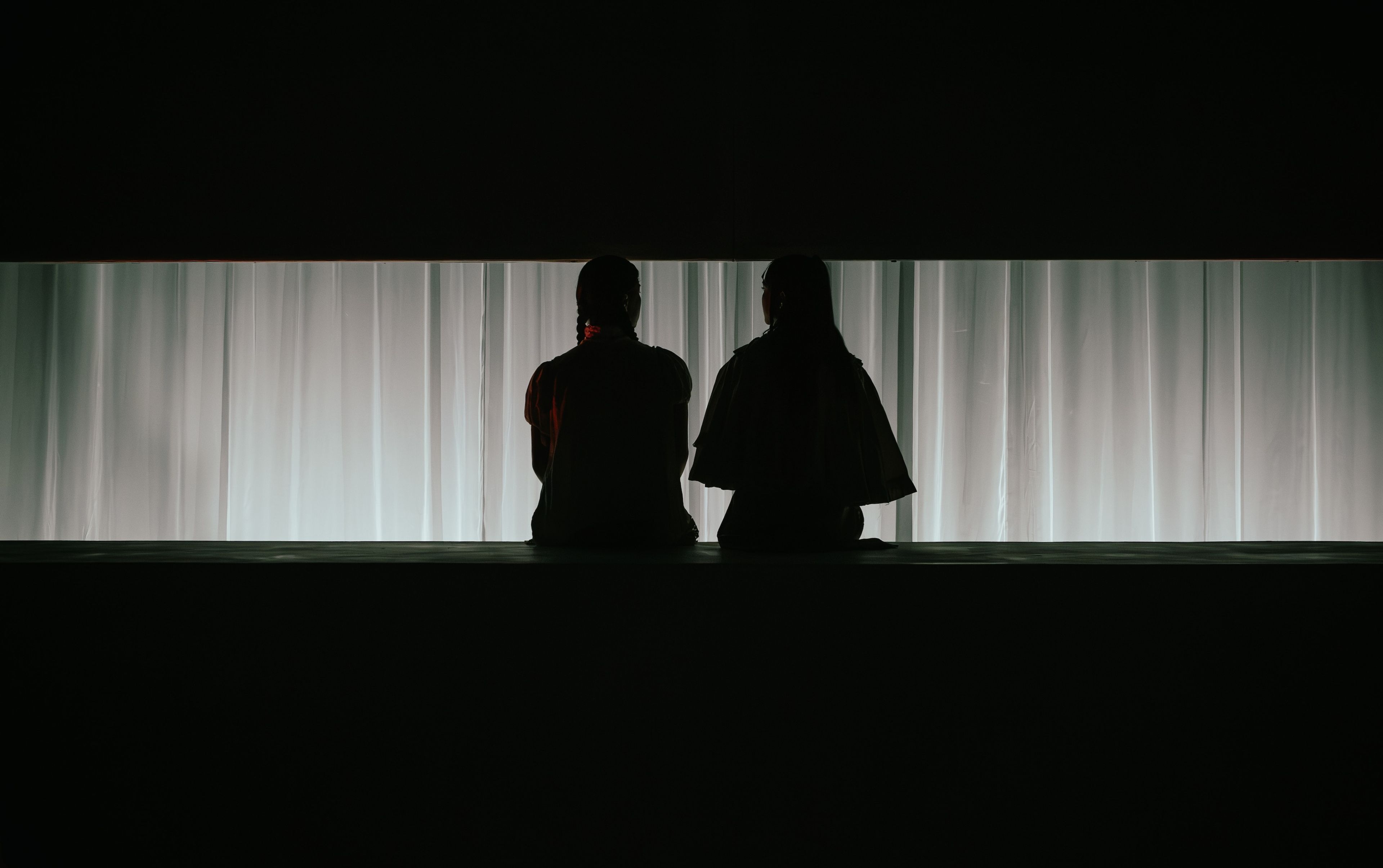 Theatrical photograph showing two silhouetted figures sitting side by side against a backlit white curtain, creating a cinematic widescreen effect