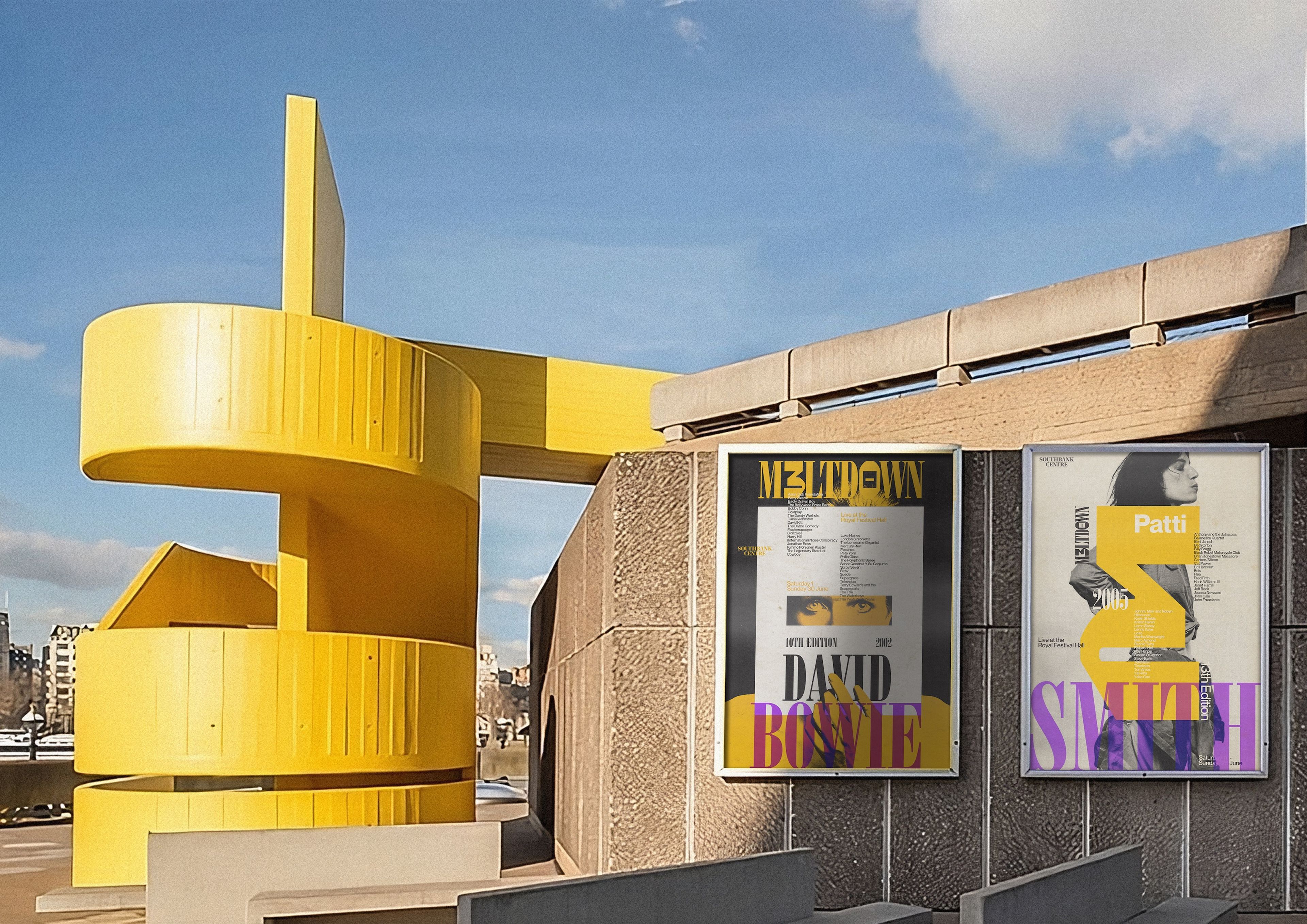 Two posters for the "Meltdown" festival, featuring artists like David Bowie and Patti Smith, are mounted on a concrete wall next to a bright yellow spiral staircase under clear blue skies. The posters use striking yellow, black, and purple typography.