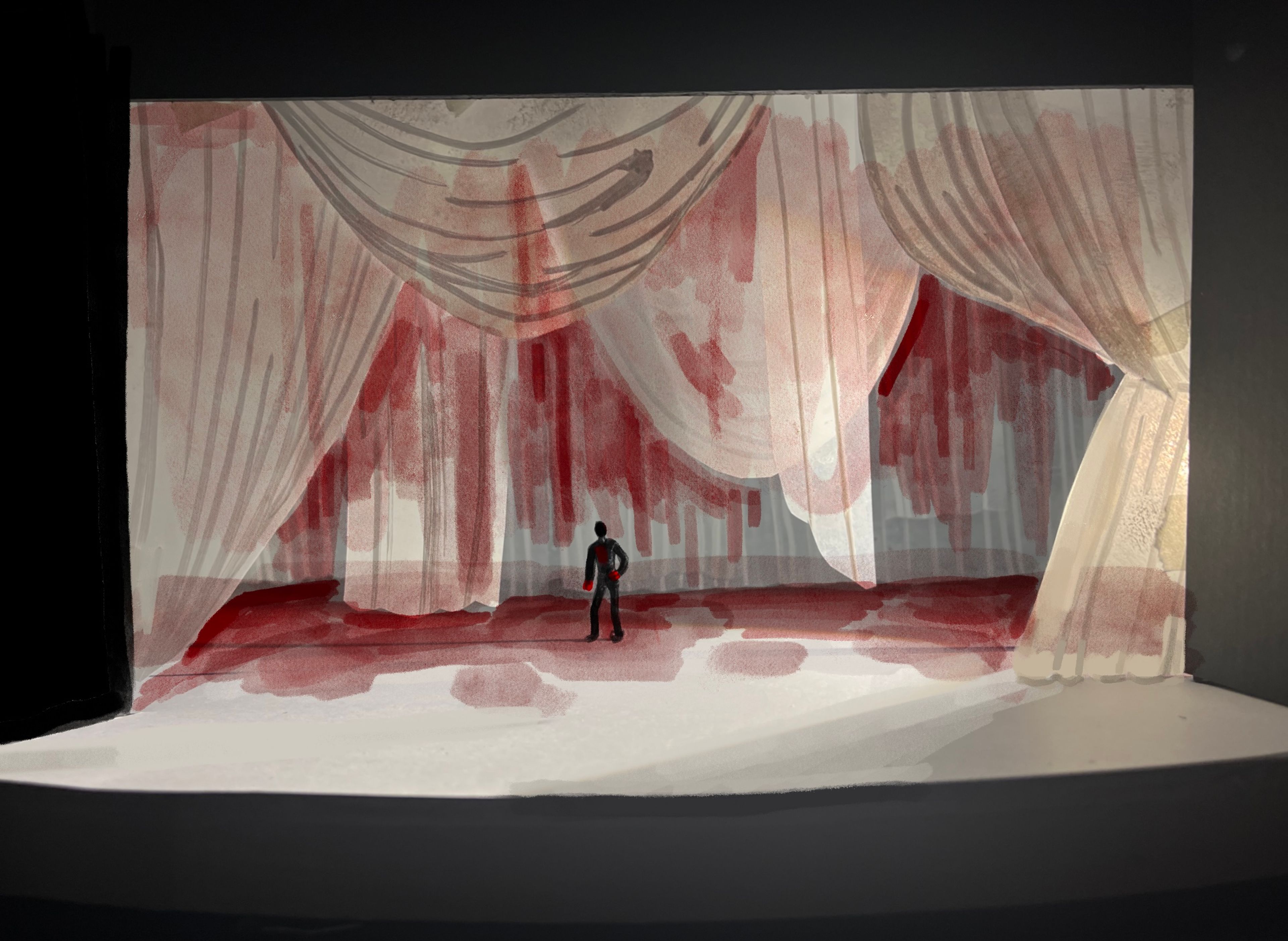 A theatrical stage design featuring dramatic, blood-red drapes and a single, ominous figure at the center of the stage. The curtains are streaked with intense red markings, cascading to a floor painted with similar blood-like patterns