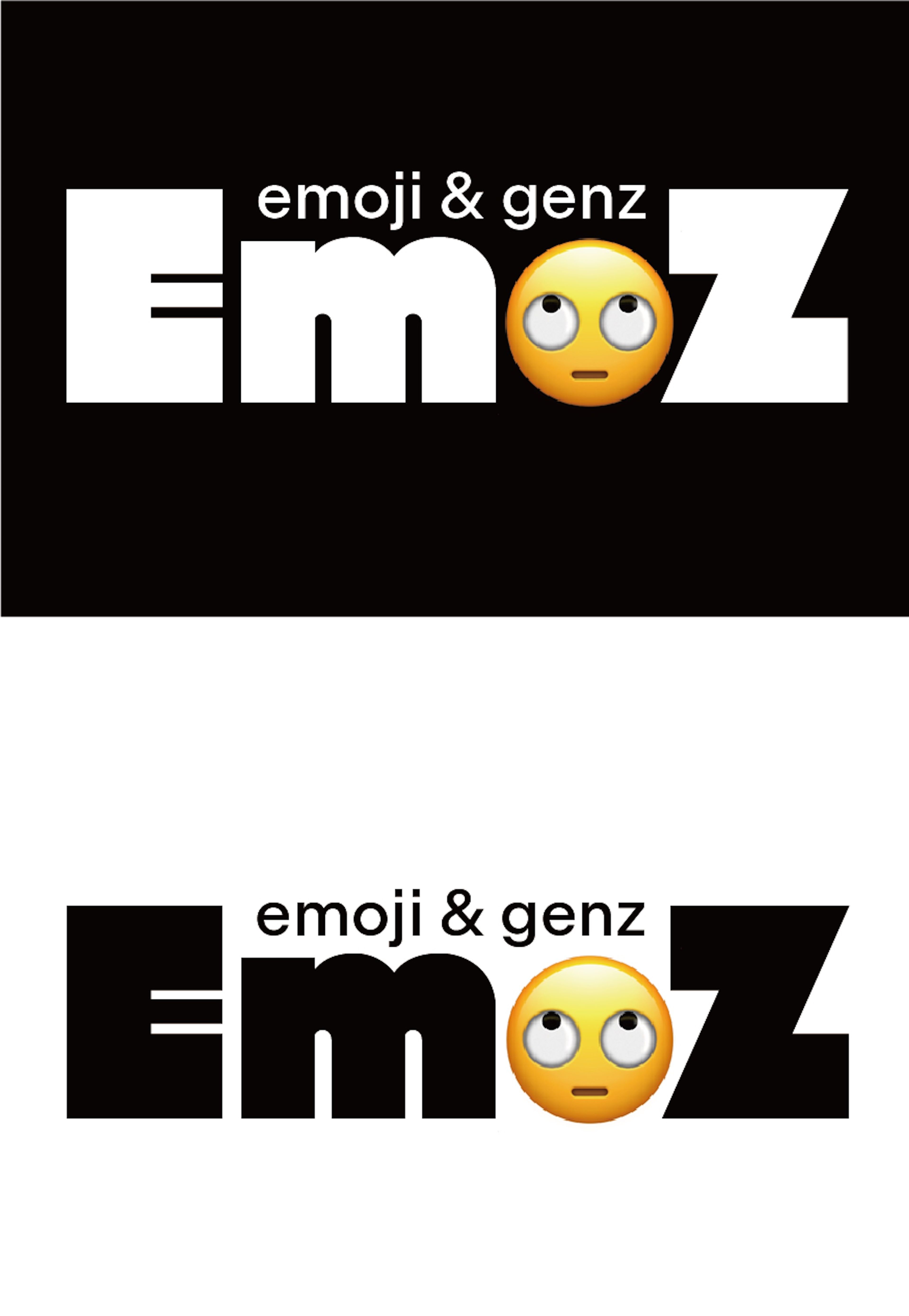 Two versions of the 'EmoZ' logo with the tagline 'emoji & genz,' displayed on black and white backgrounds. The 'o' in 'EmoZ' is replaced by a neutral-faced emoji.