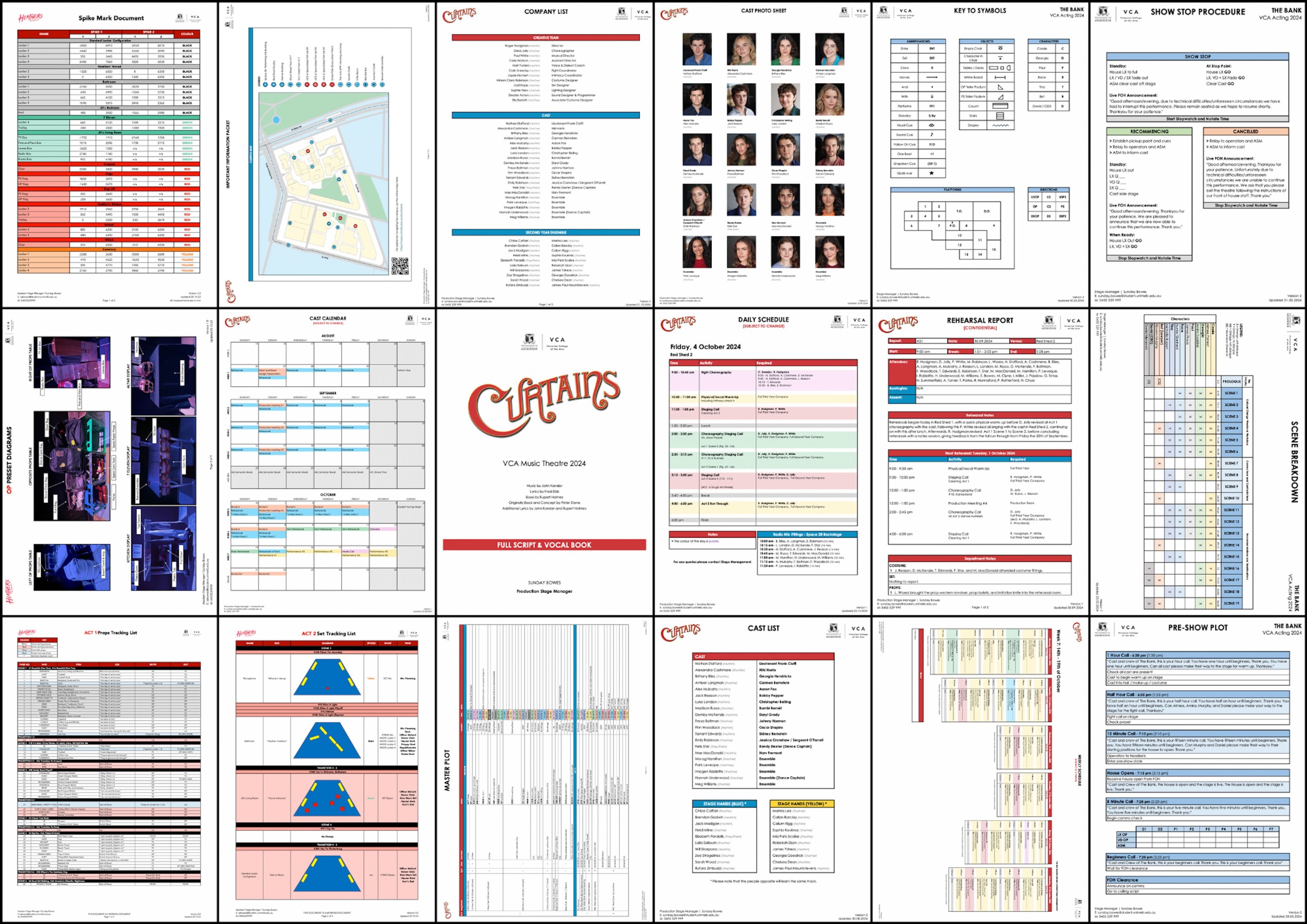 A collage of stage management documents, including schedules, floor plans, cast lists, and other organizational materials, arranged in a grid format. The documents are labeled with production details like "Curtains" and "VCA Music Theatre 2024."