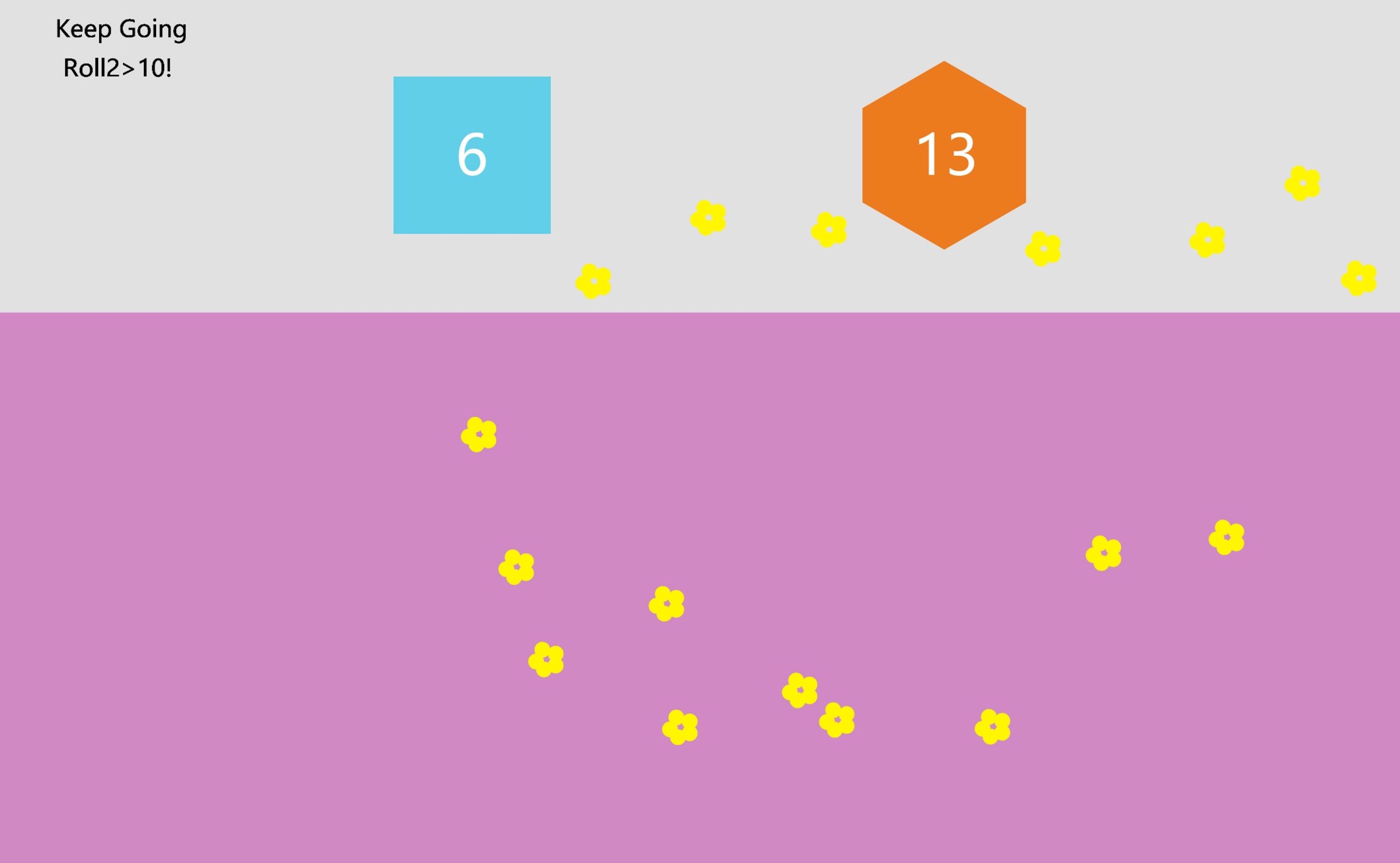 Simplified game interface with numbers "6" and "13" in blue and orange shapes, and small yellow flower icons cascading across a pink background. Text reads "Keep Going Roll > 10!"