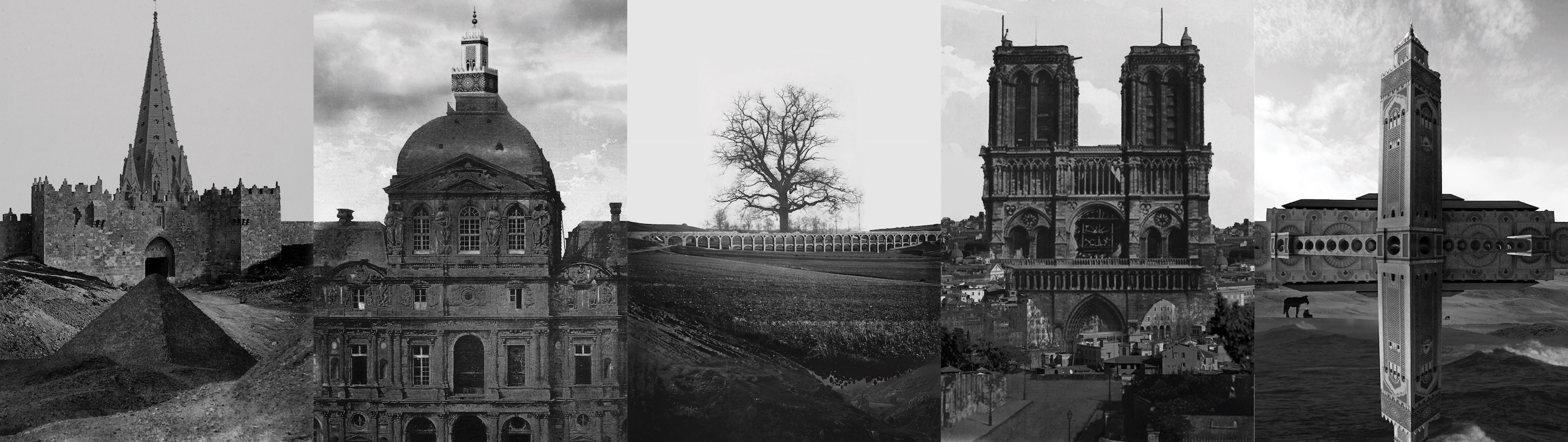 Black and white panoramic series of historic European architecture, featuring Gothic church spires, domed buildings, stone bridges and Notre-Dame Cathedral. Images capture architectural grandeur through dramatic composition.