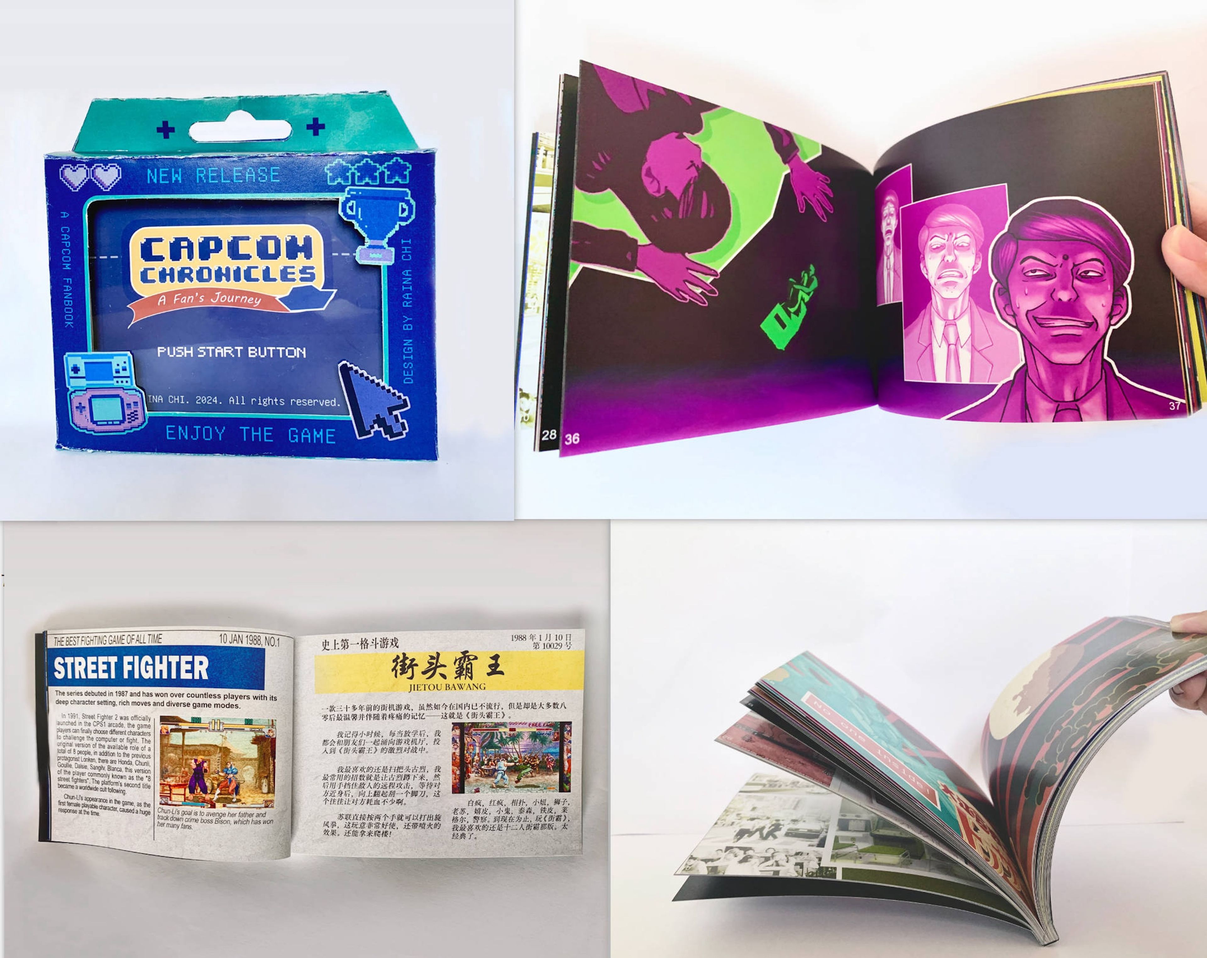 A collection of "Capcom Chronicles" booklets and packaging, inspired by retro gaming. The open booklets feature colourful, animated scenes and articles about classic games, styled to resemble vintage magazine layouts.